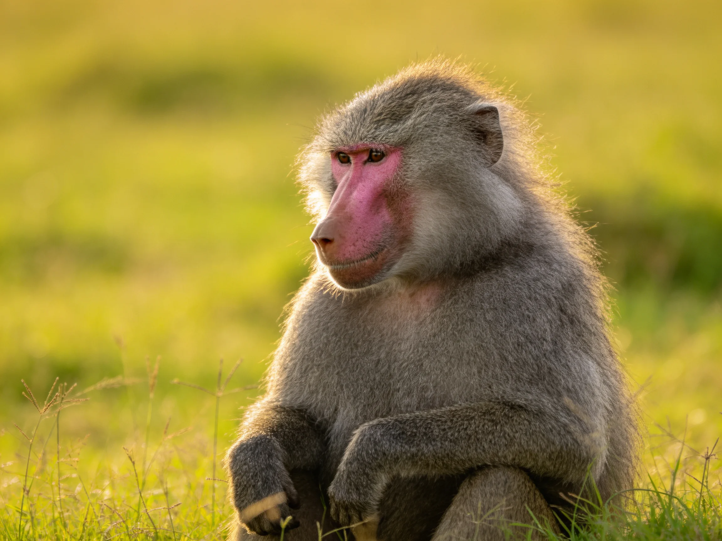 A pink-faced baboon sits calmly in sunlit grassland.