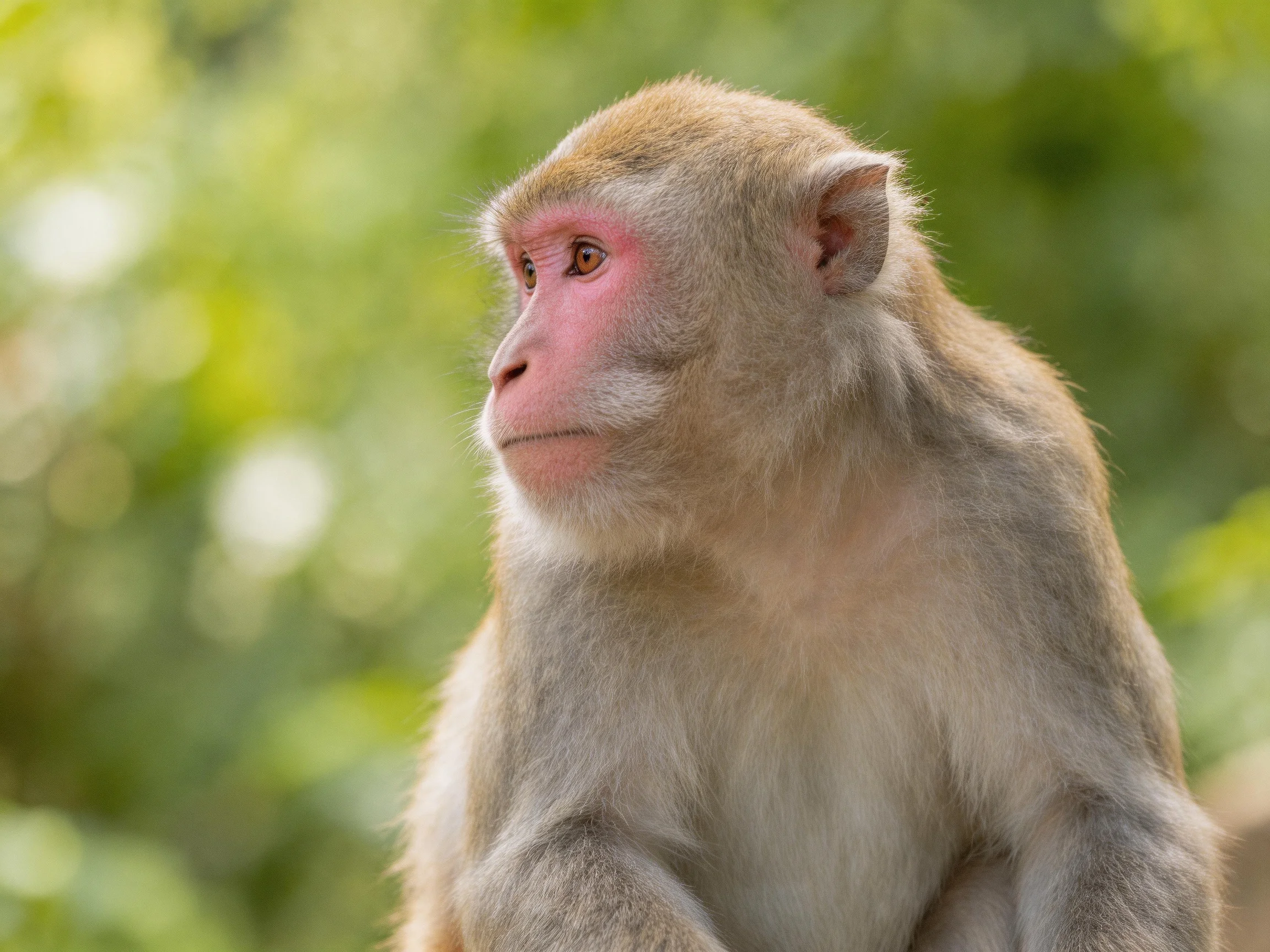 A pink-faced monkey with brown fur sits amid lush green foliage