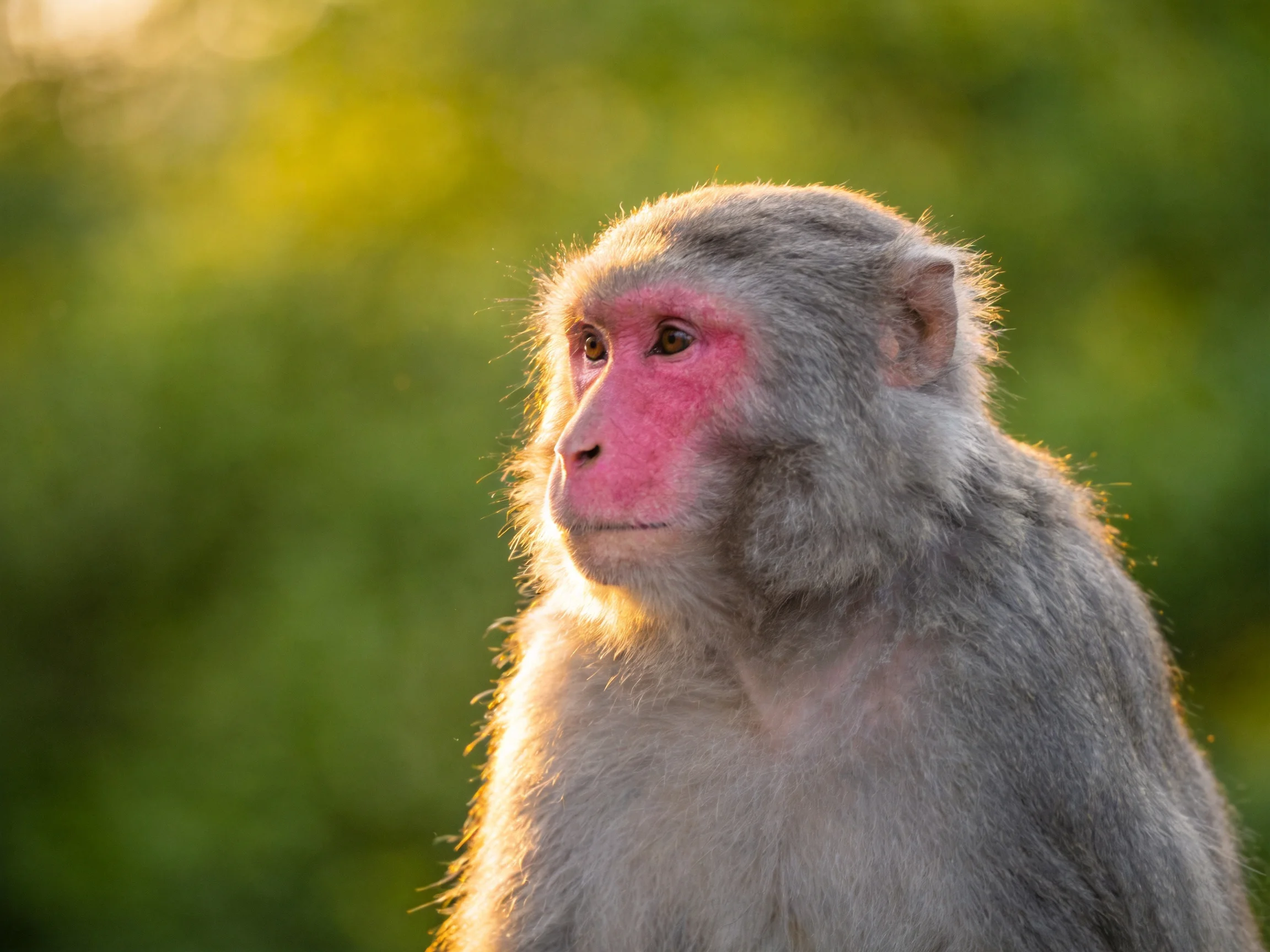A monkey with pink facial skin and gray fur stands before a blurred green backdrop.