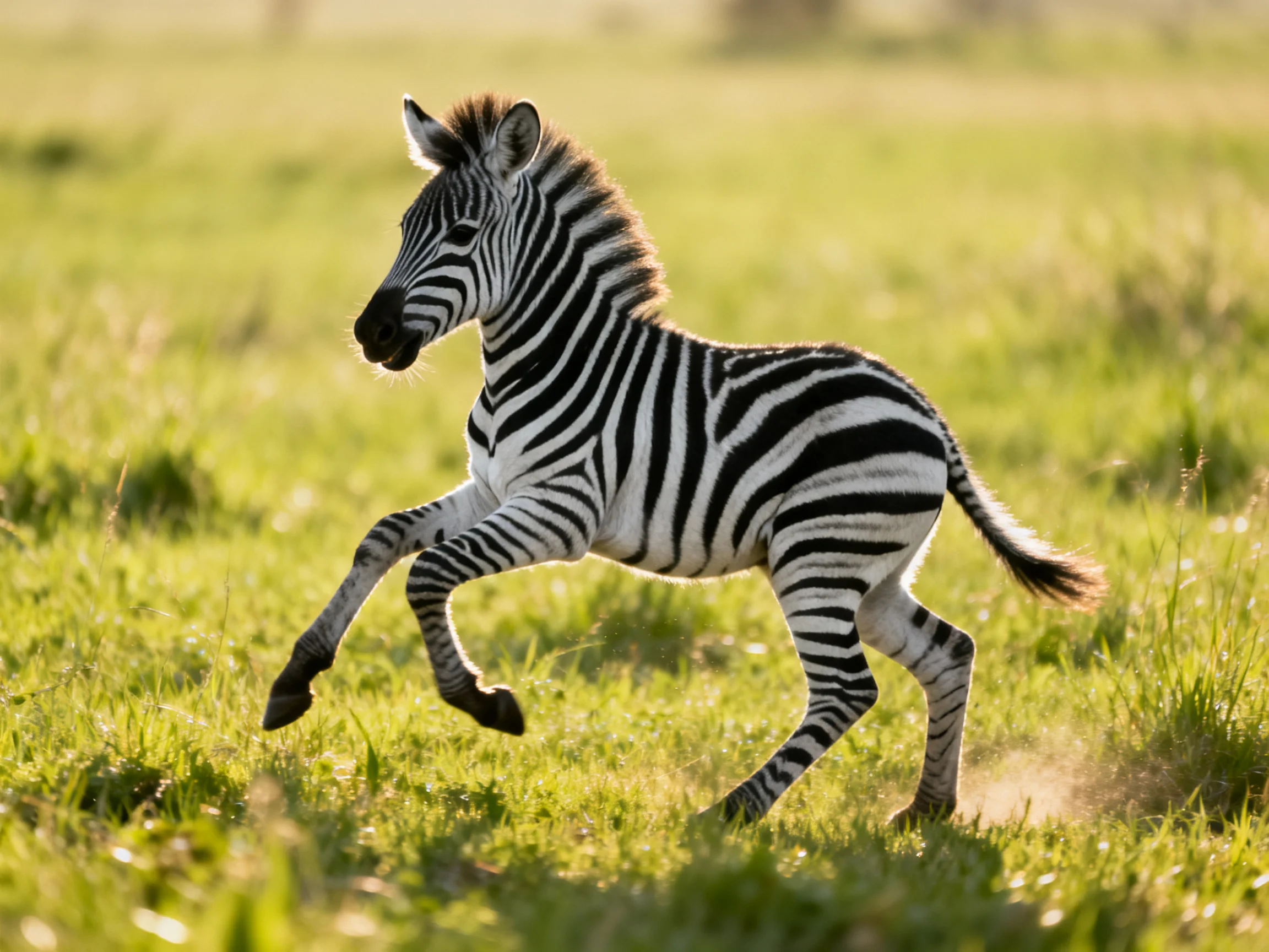 A playful baby zebra running through lush green grass