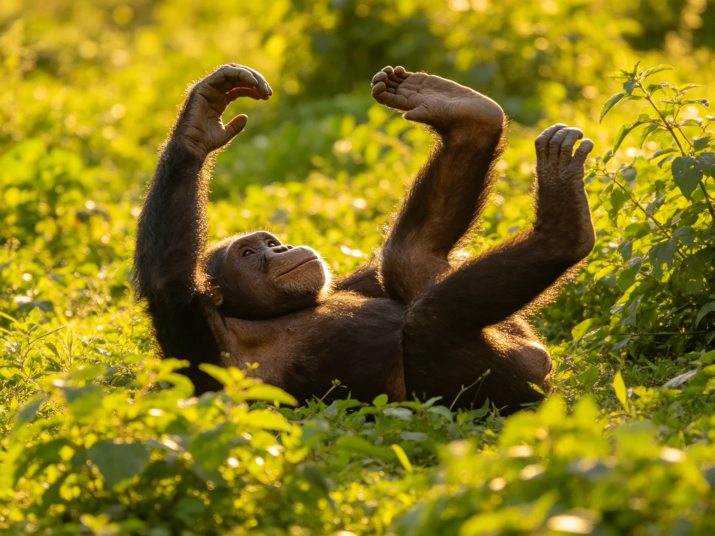 A playful bonobo relaxes amid lush green foliage in golden light