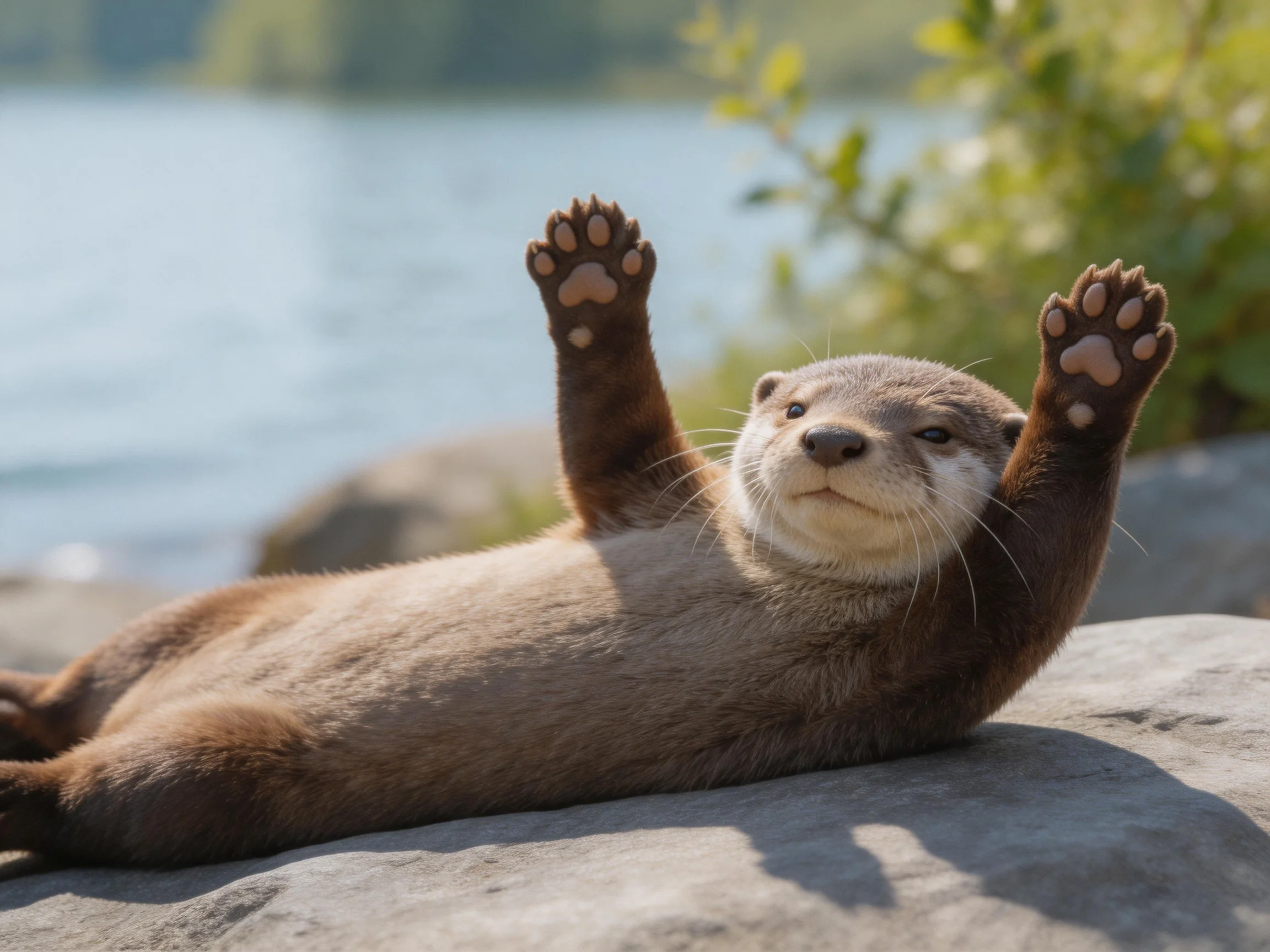 A playful brown otter stretches on a smooth gray rock near calm water