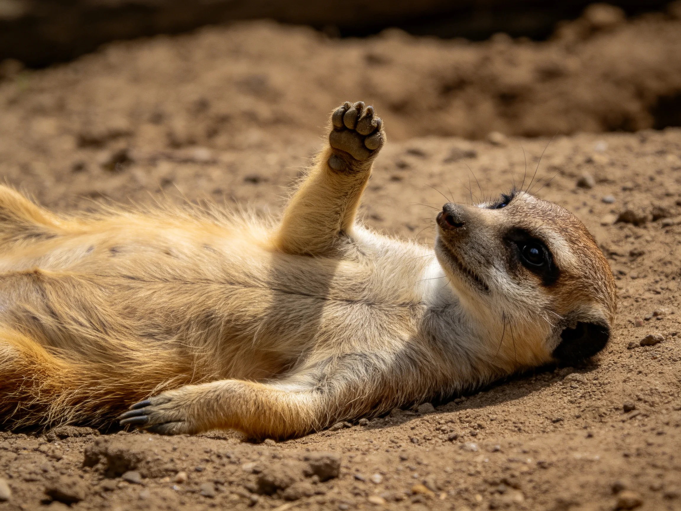 A playful meerkat lies on sun-baked sand with raised paw