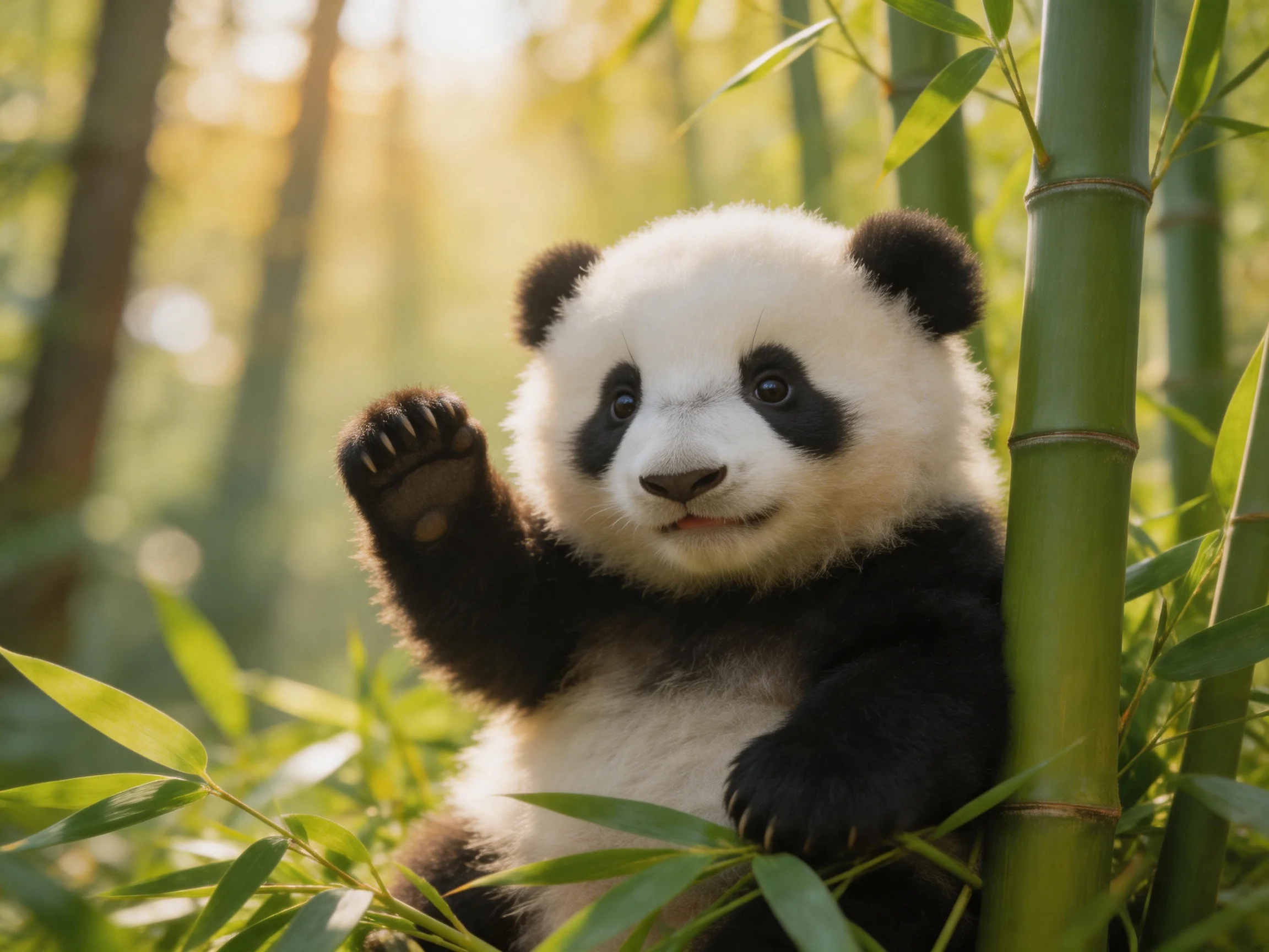 A playful panda cub nestled among vibrant bamboo in a sun-dappled forest