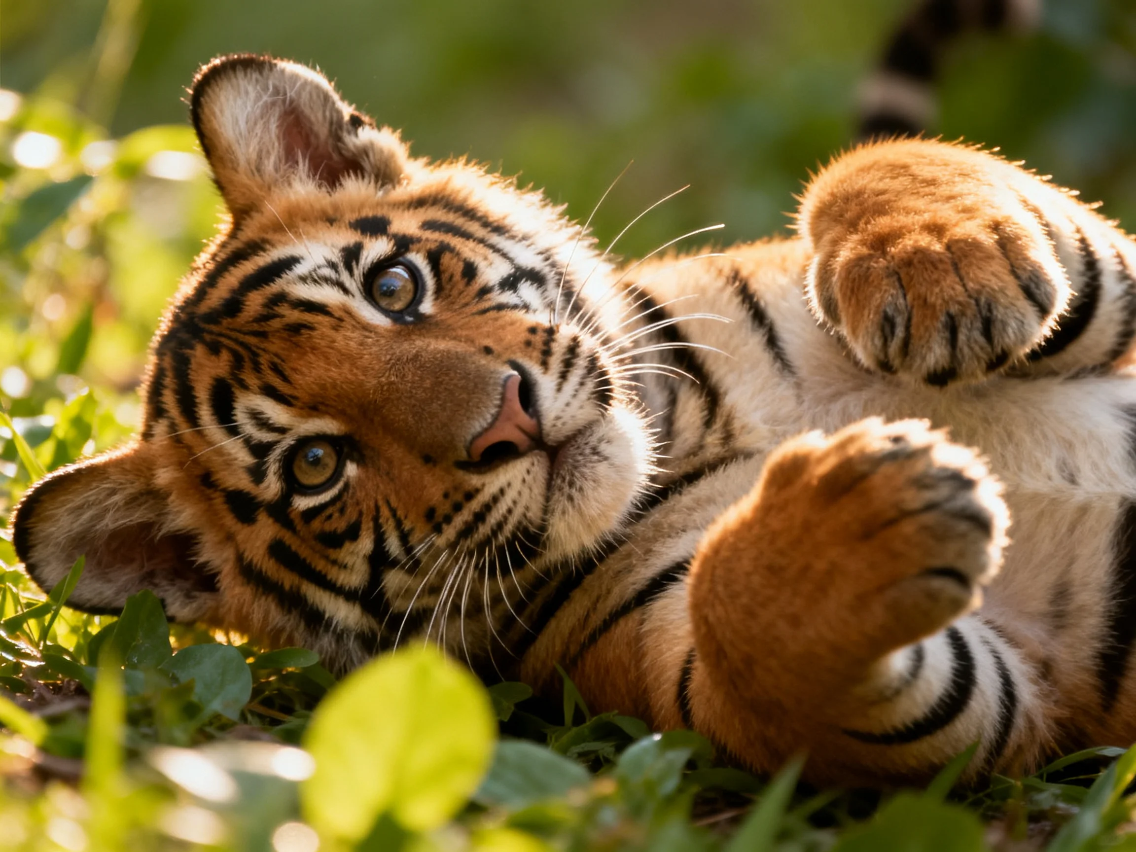A playful tiger cub rests on verdant grass with orange and black striped fur