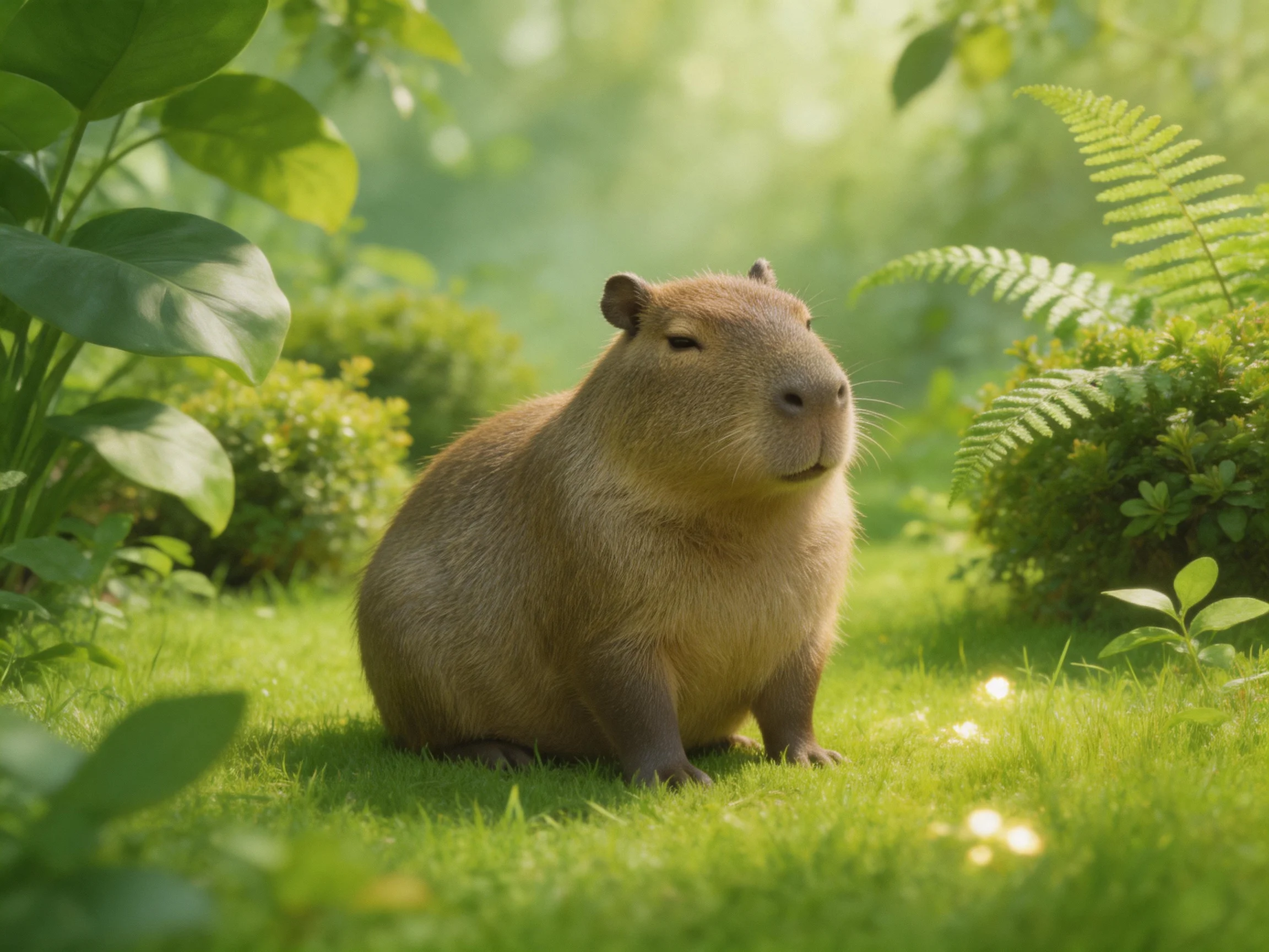 A plump brown capybara amid lush green foliage and ferns