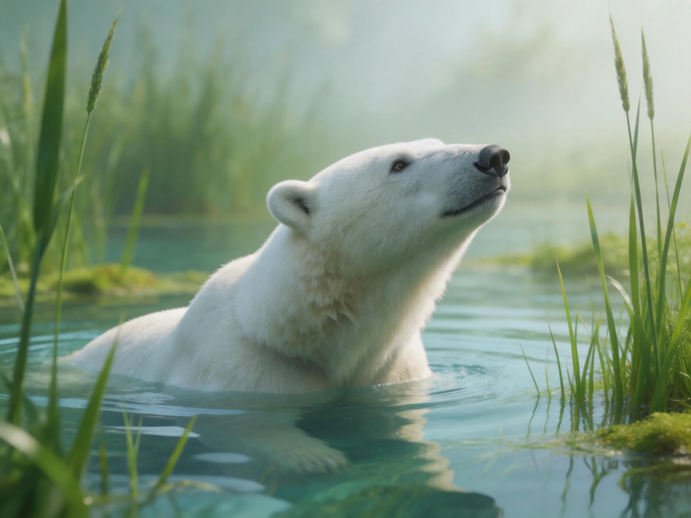 A polar bear in turquoise water amid lush green reeds