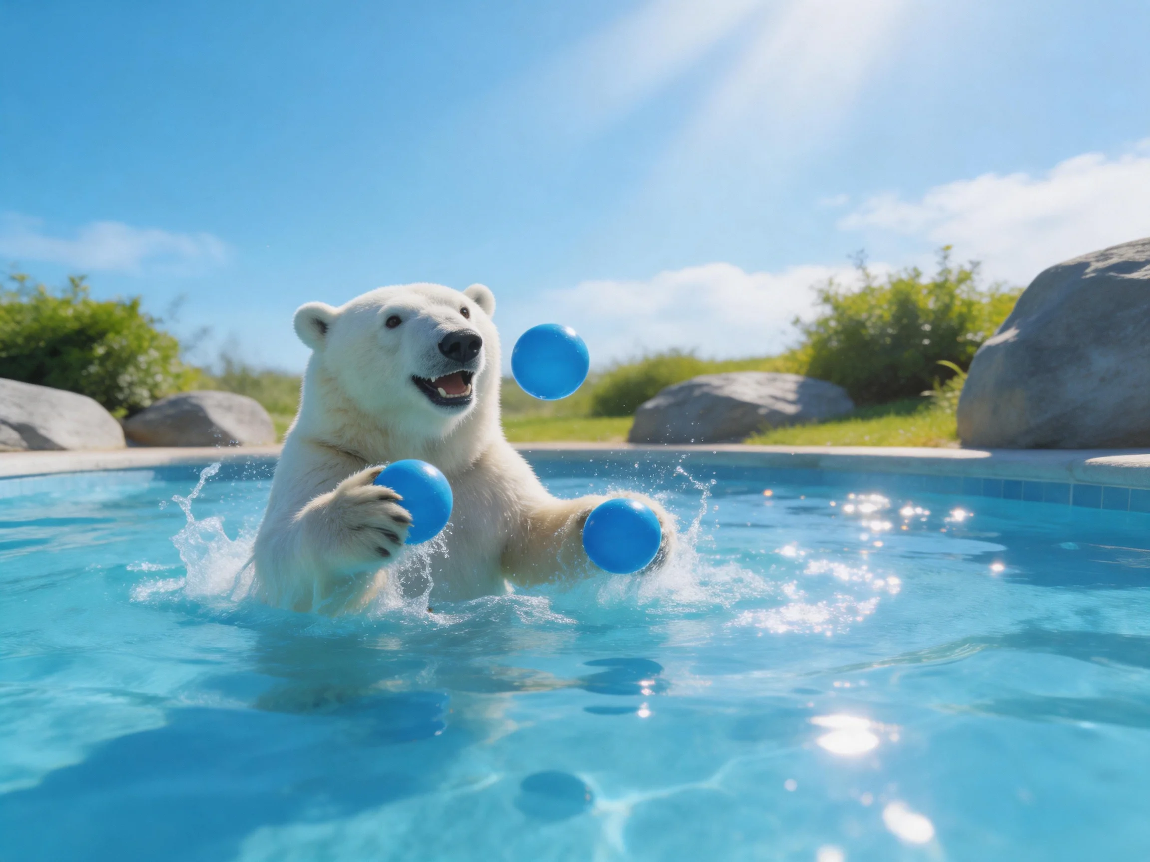 A polar bear juggles three blue balls in a sunny outdoor pool