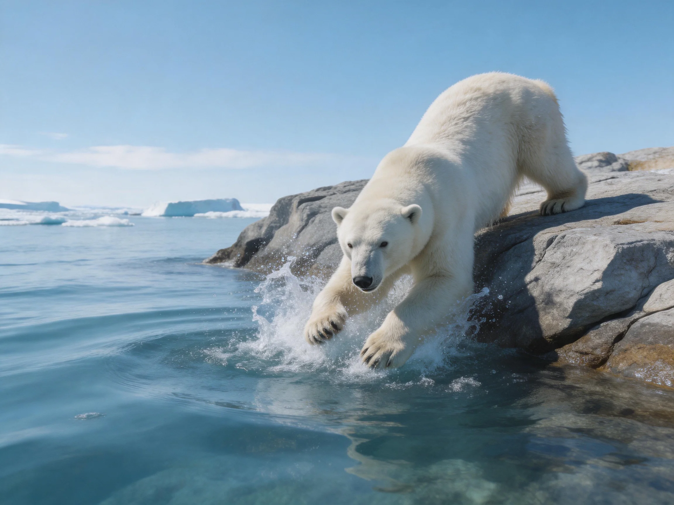 A polar bear leaps into icy waters from a rocky shore