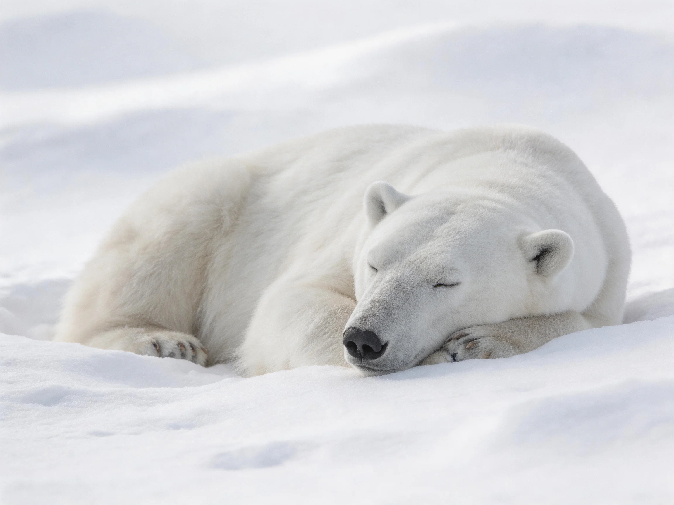 A polar bear naps in fluffy white snowdrifts