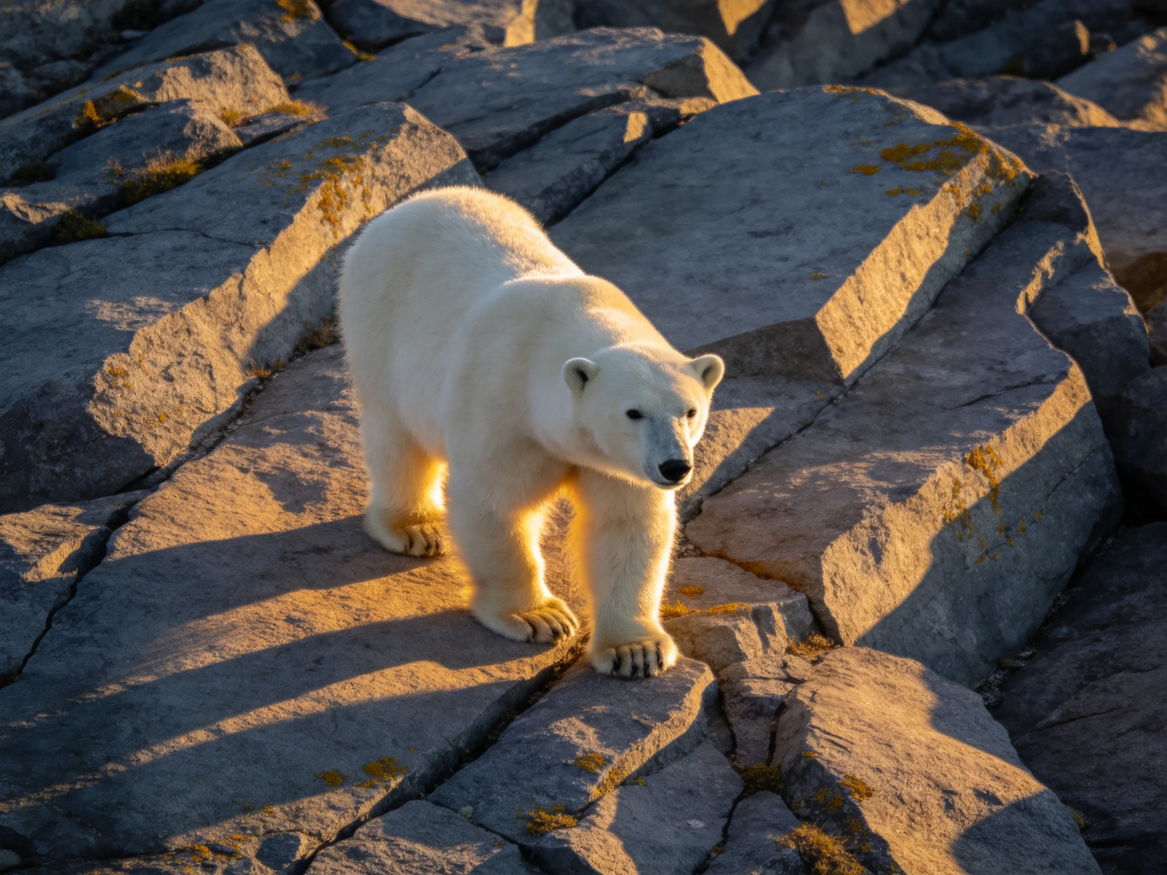 A polar bear navigates sun-drenched, moss-speckled rocky formations