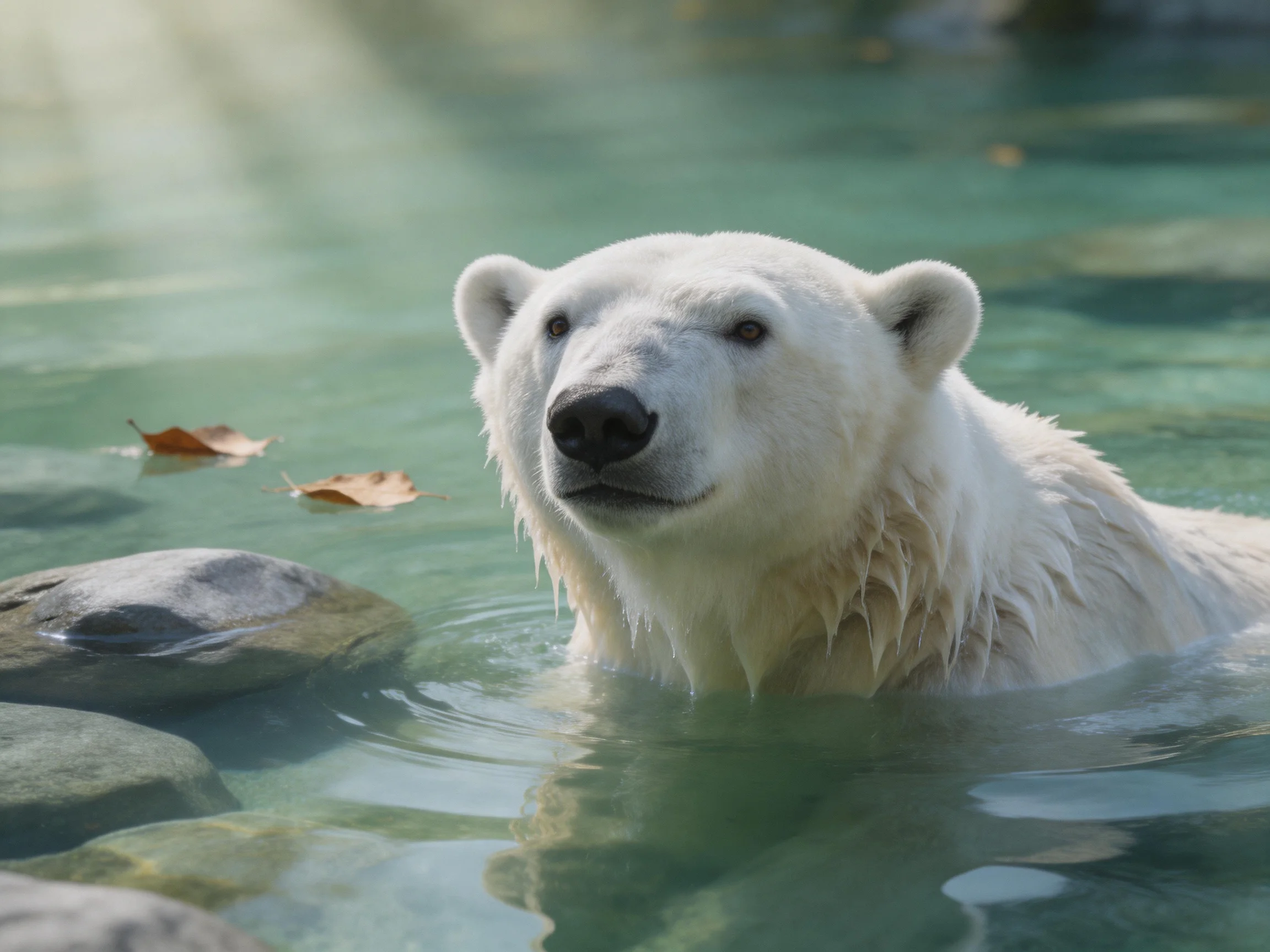 A polar bear partially submerged in clear turquoise water near rocks