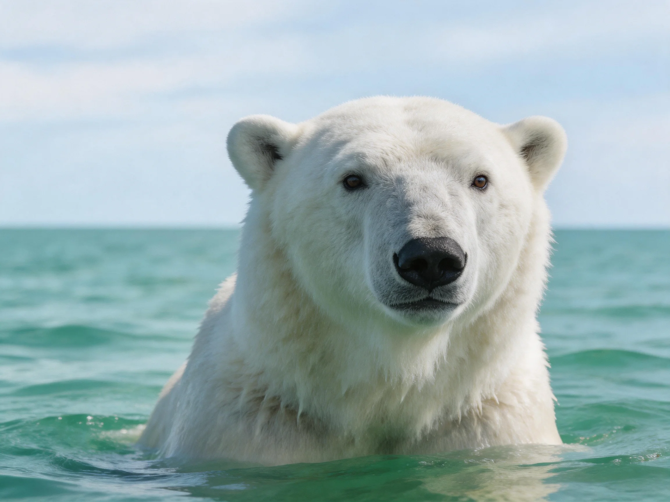A polar bear partially submerged in turquoise ocean waters under a clear sky
