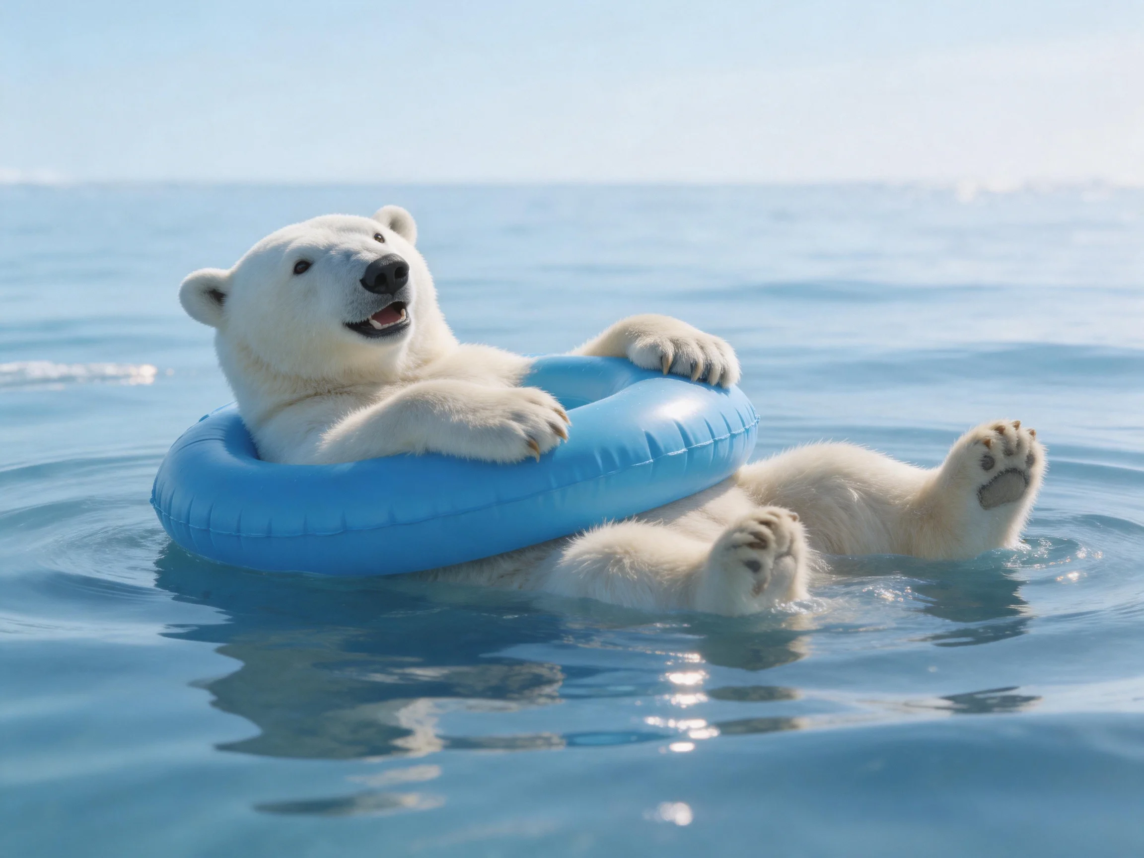 A polar bear floats in calm water with a blue inflatable ring
