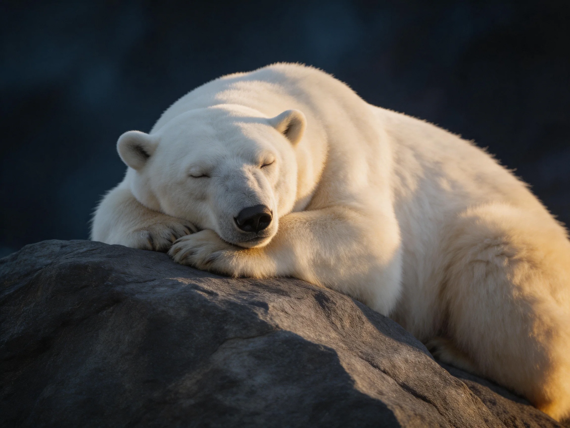 A polar bear rests on a large dark rock in golden light