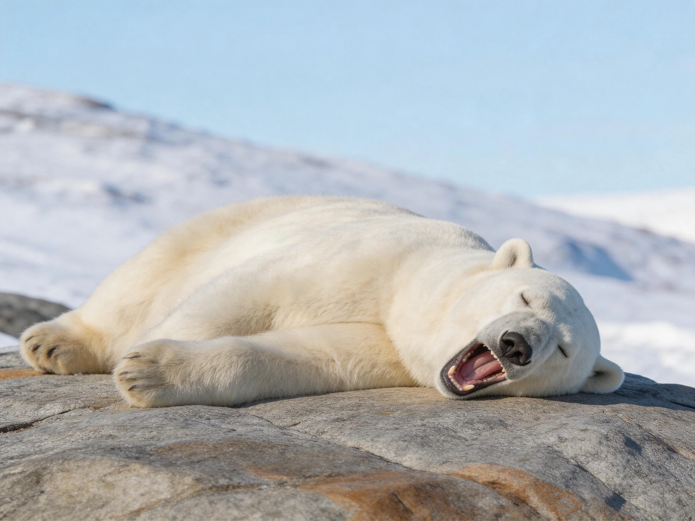 A polar bear rests on a large gray rock amid snowy terrain