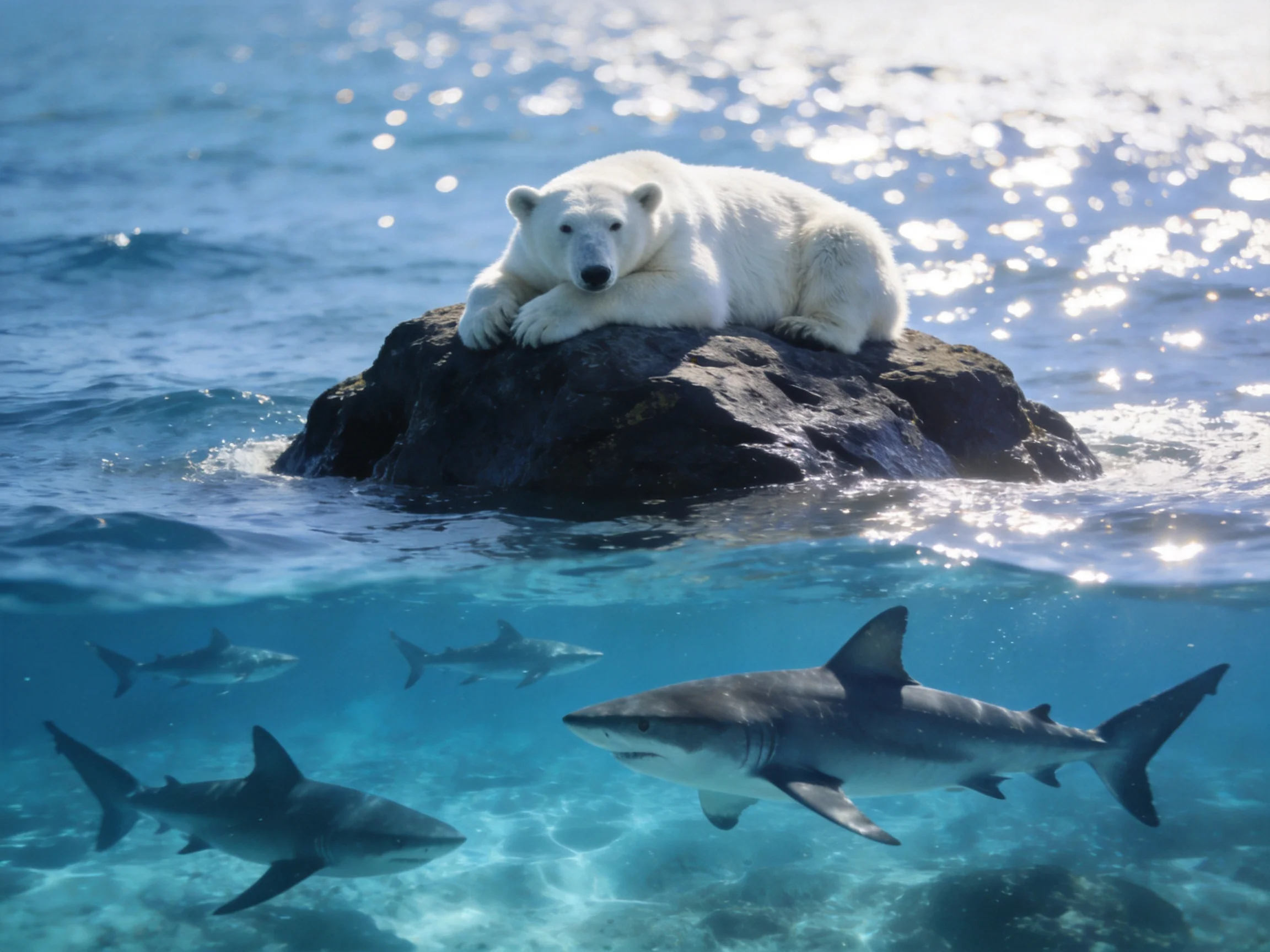 A polar bear rests on a rock amid blue waters with sharks below