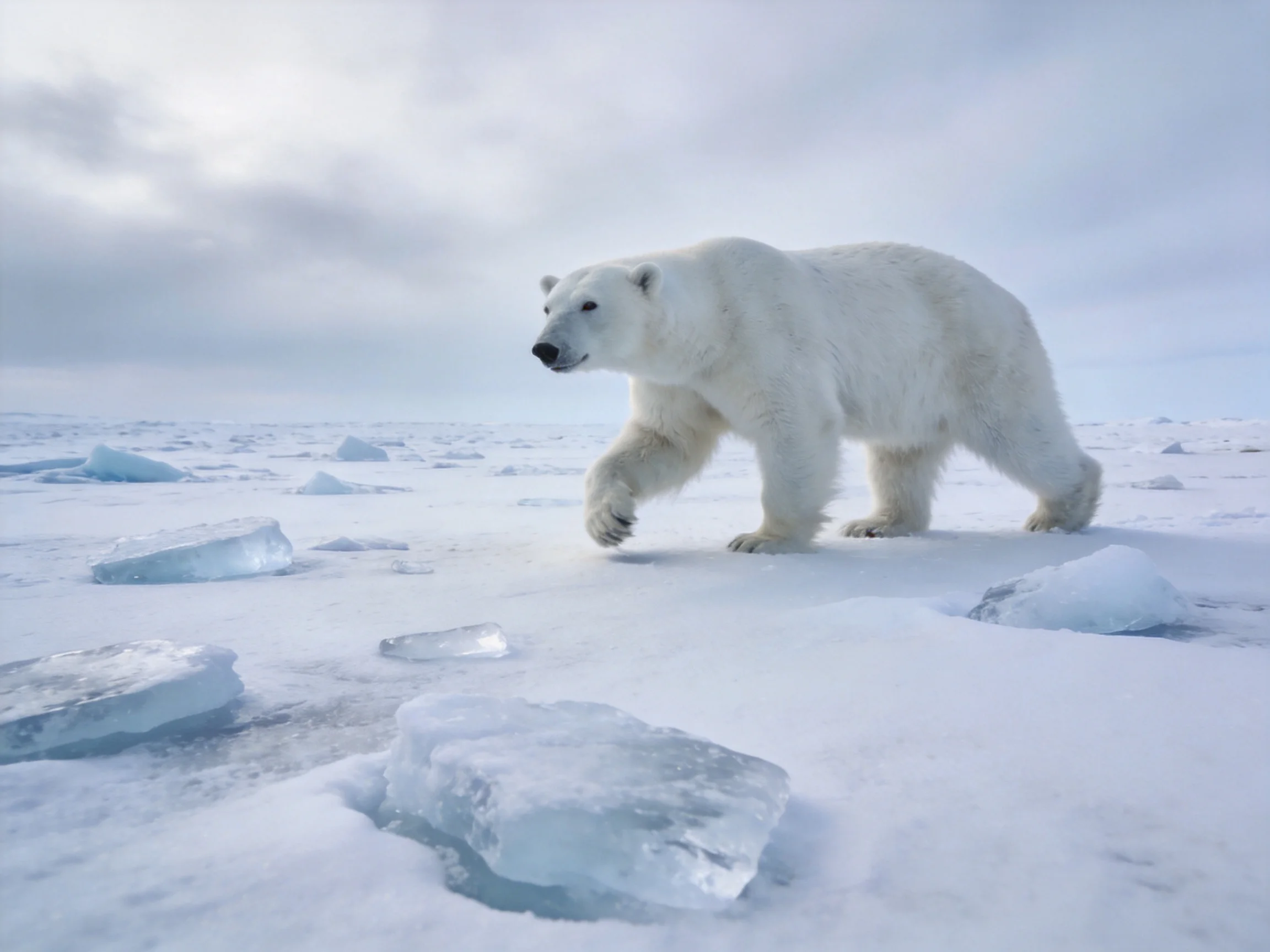 A polar bear roams across scattered ice chunks in a vast icy Arctic landscape.