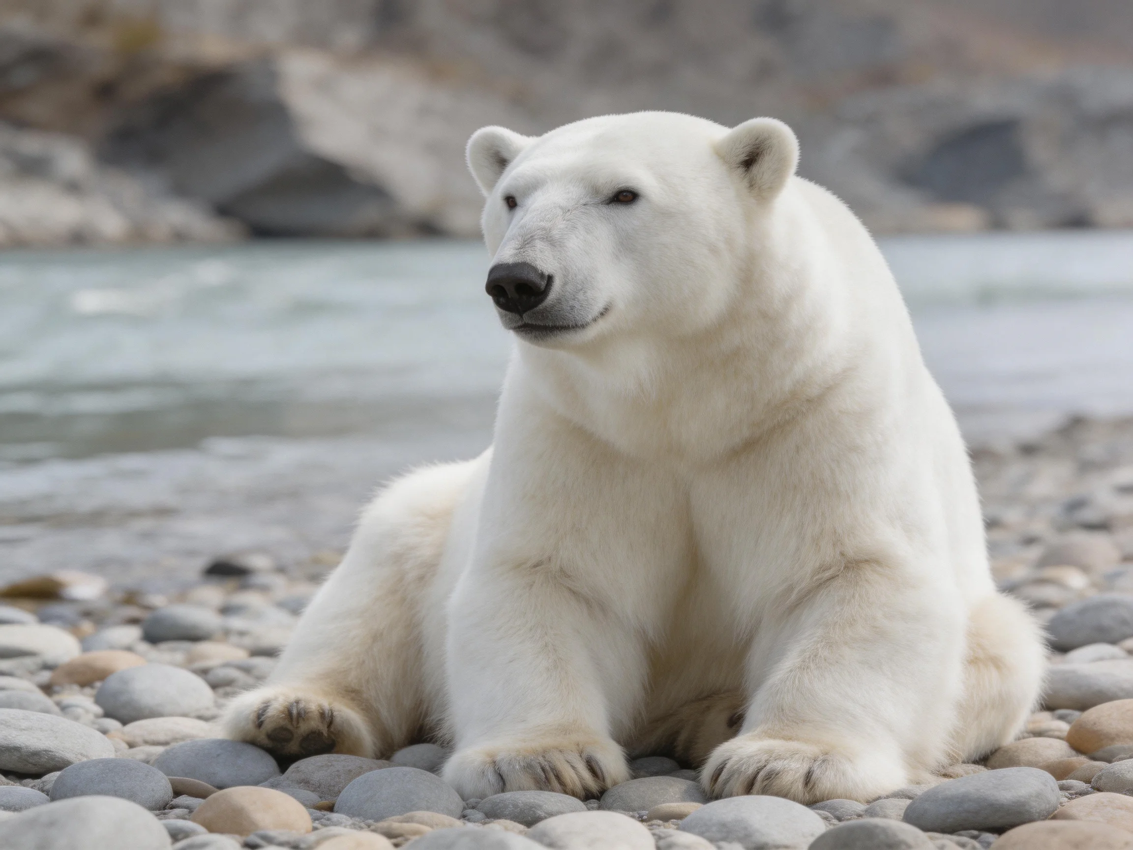 A polar bear sits on smooth gray pebbles near a calm river