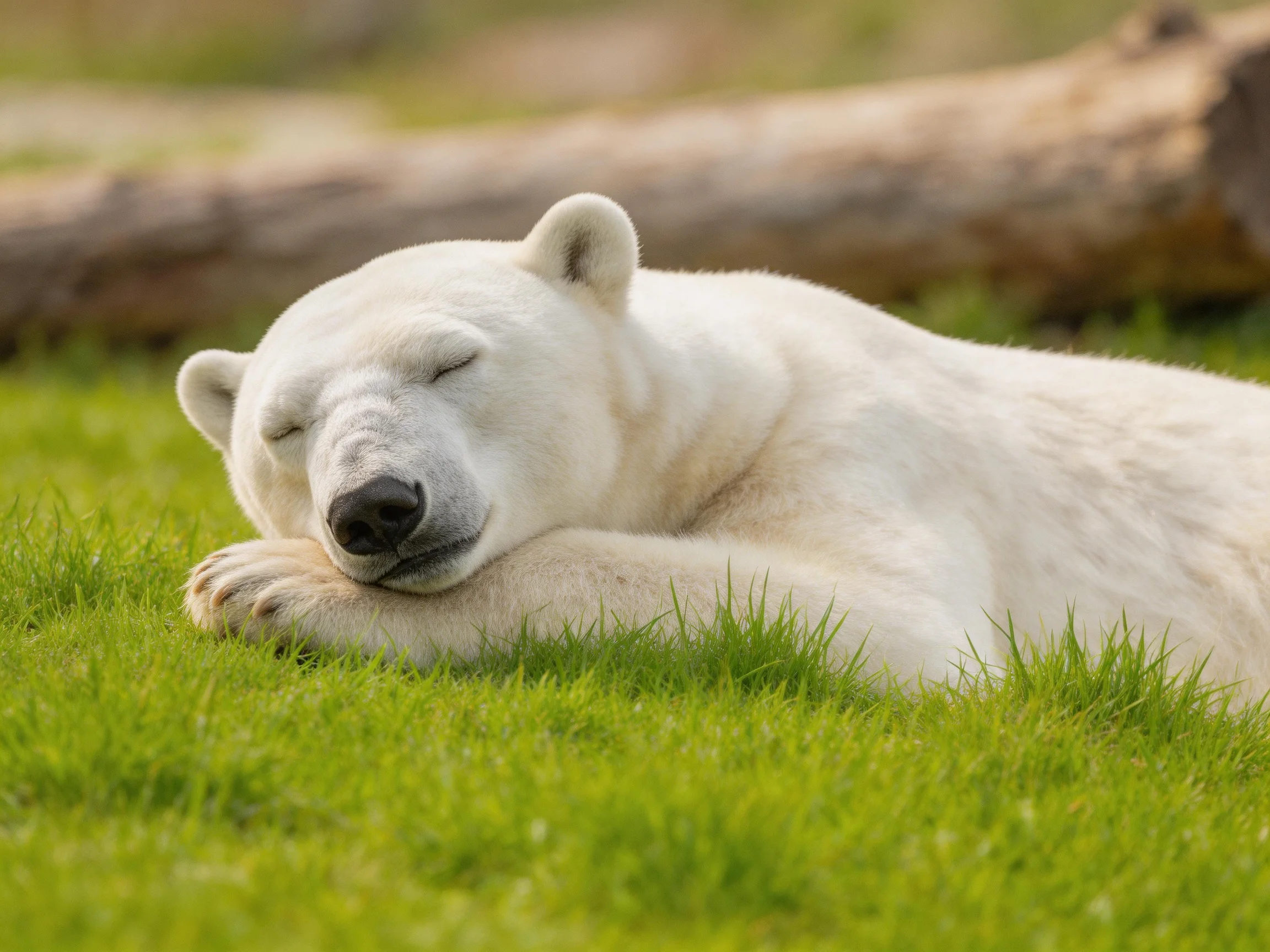 A polar bear sleeps contentedly on lush green grass