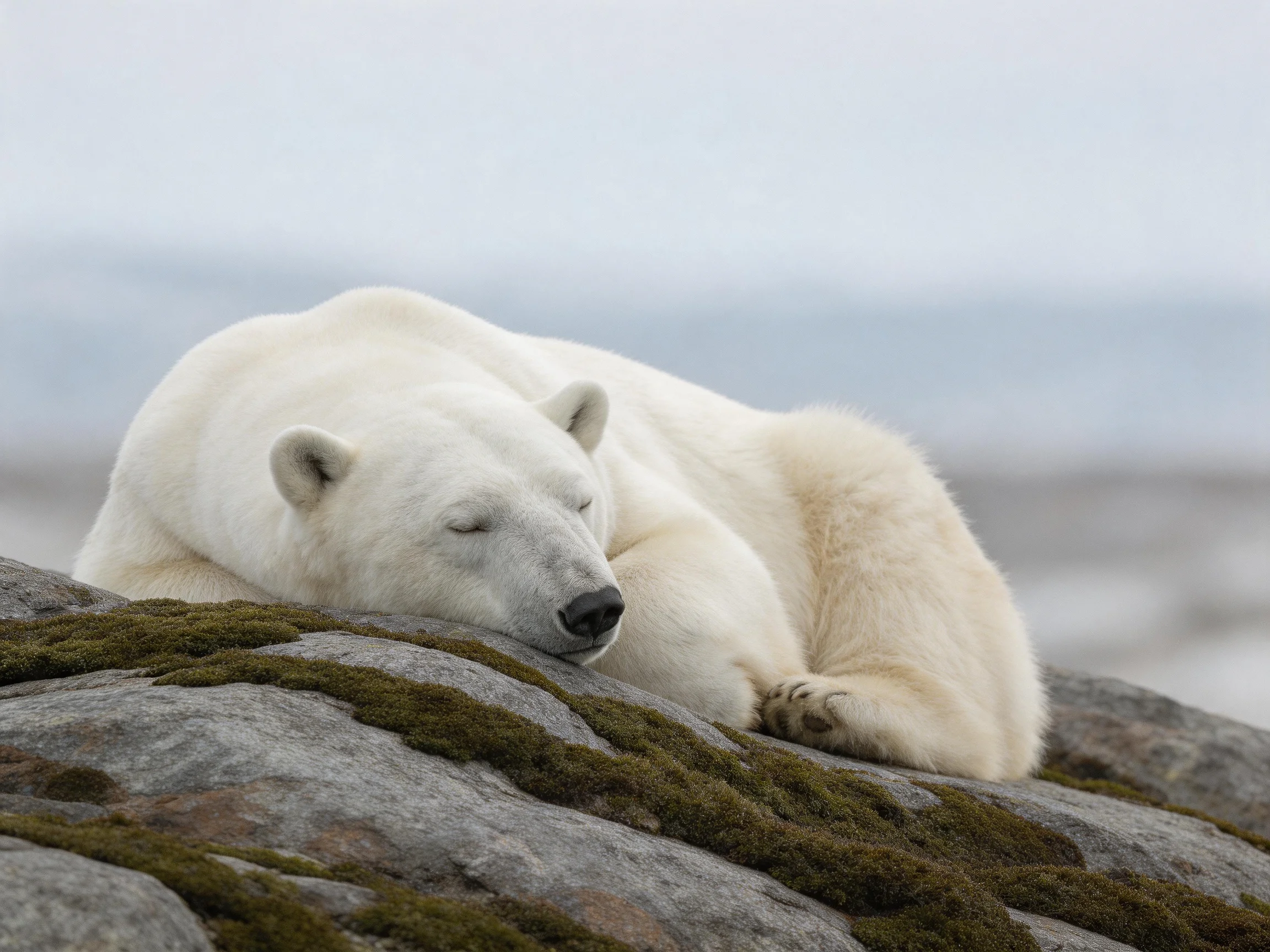 A polar bear sleeps on moss-covered rocks by a calm water body