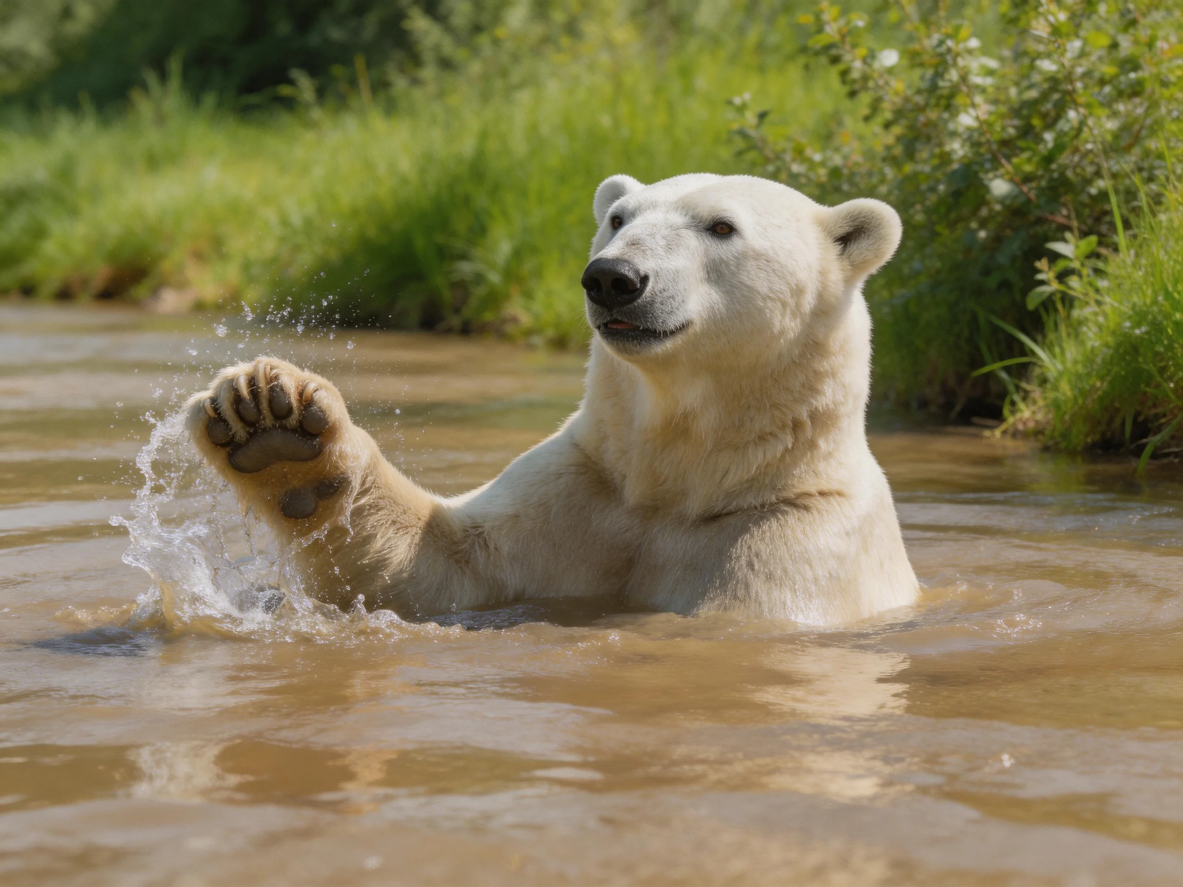 A polar bear plays in a muddy river with lush vegetation nearby.