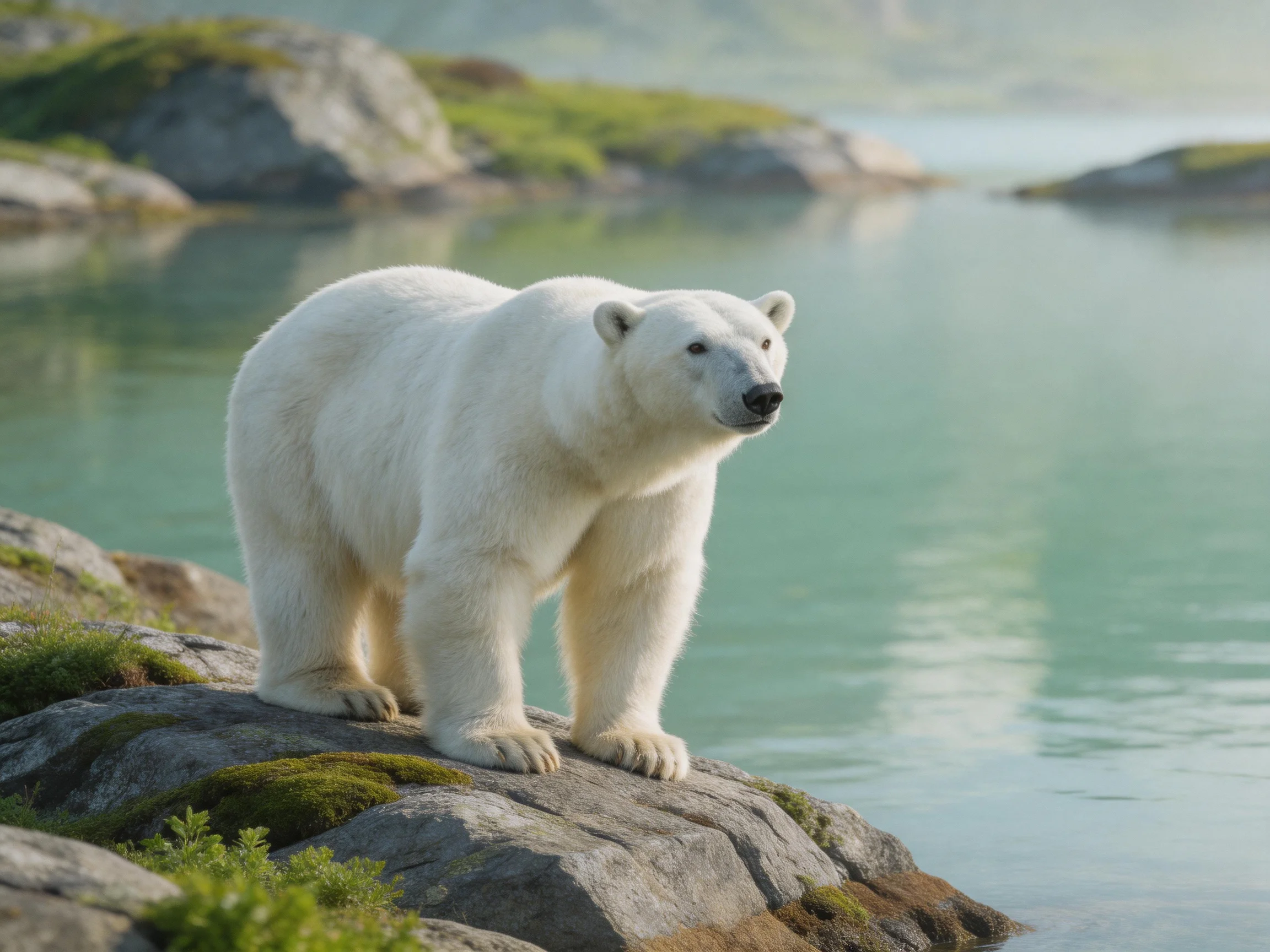 A polar bear stands on moss-covered rocks near calm turquoise waters
