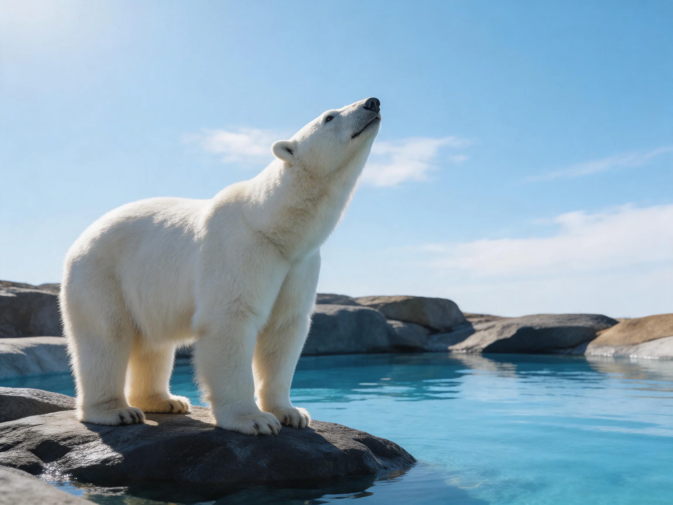 A polar bear stands on rocky terrain by calm blue water under sunny sky