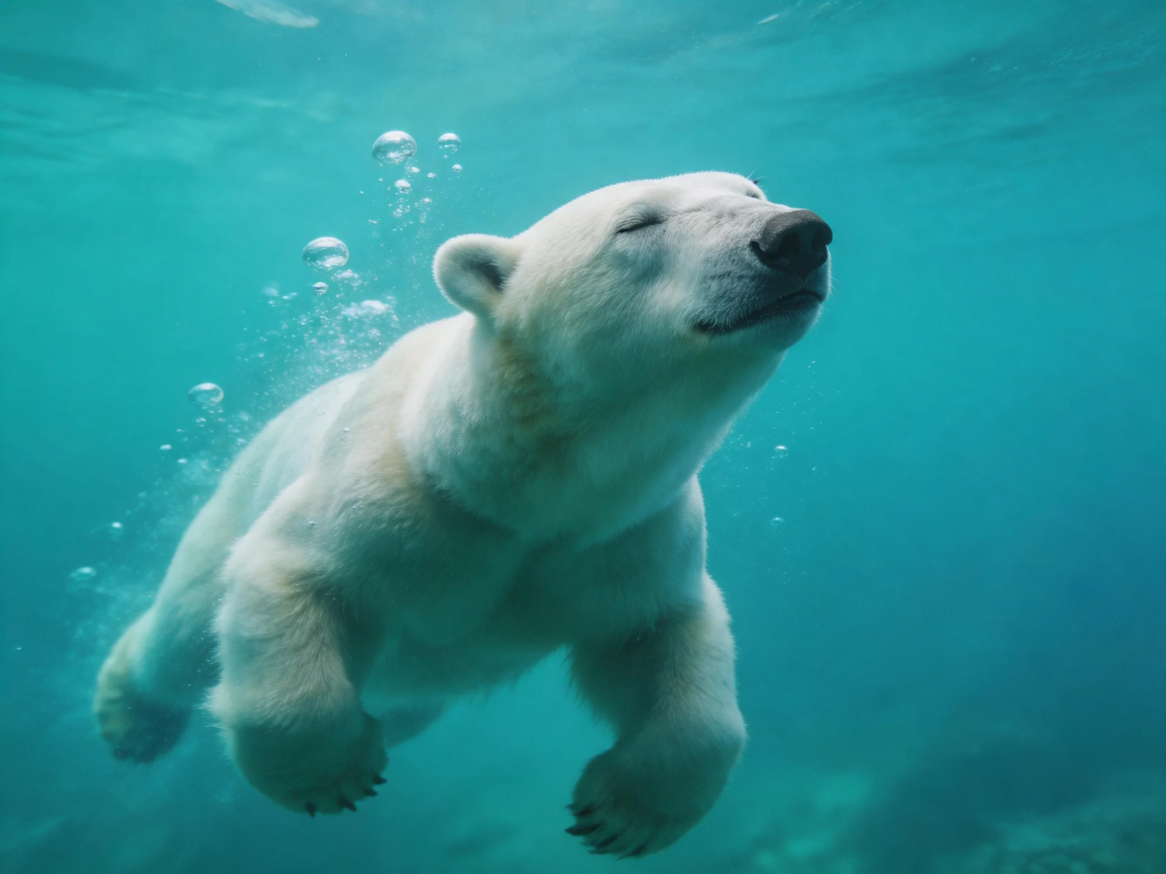 A polar bear swims gracefully in clear turquoise water