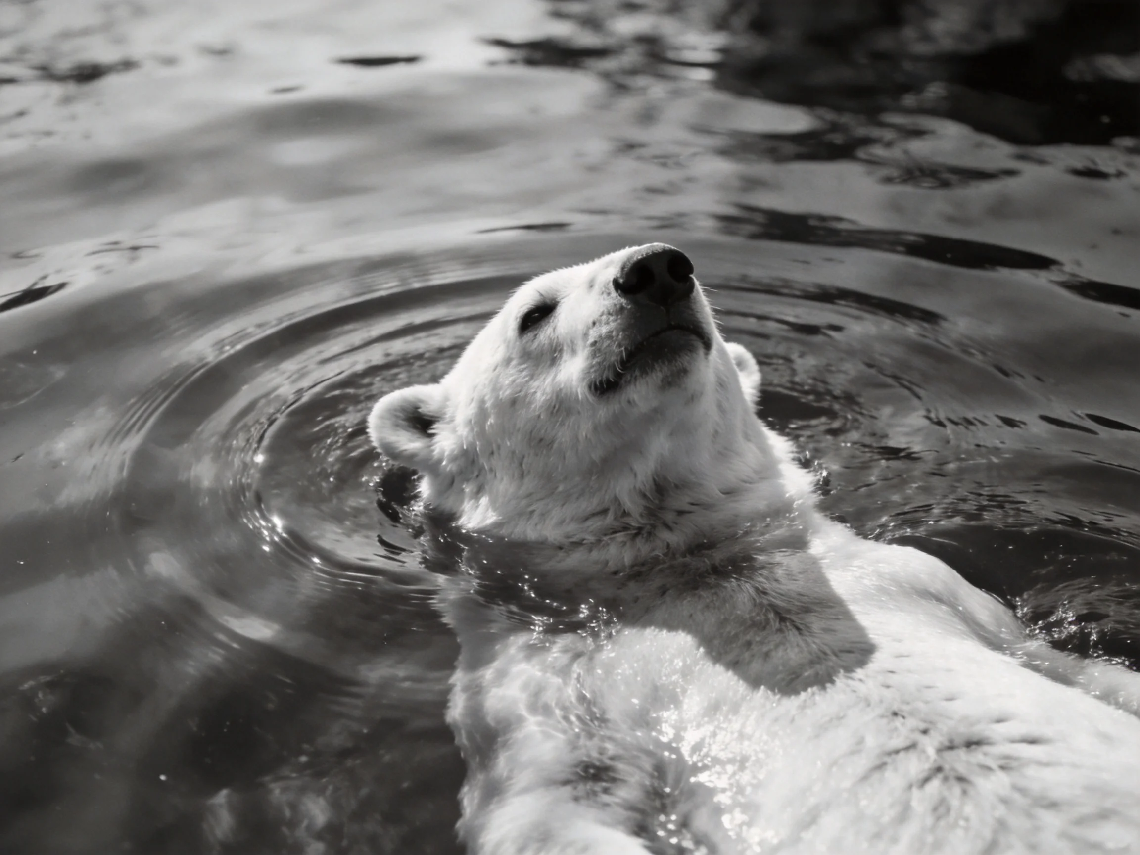 A polar bear swims in calm, rippling water with distinct fur patterns
