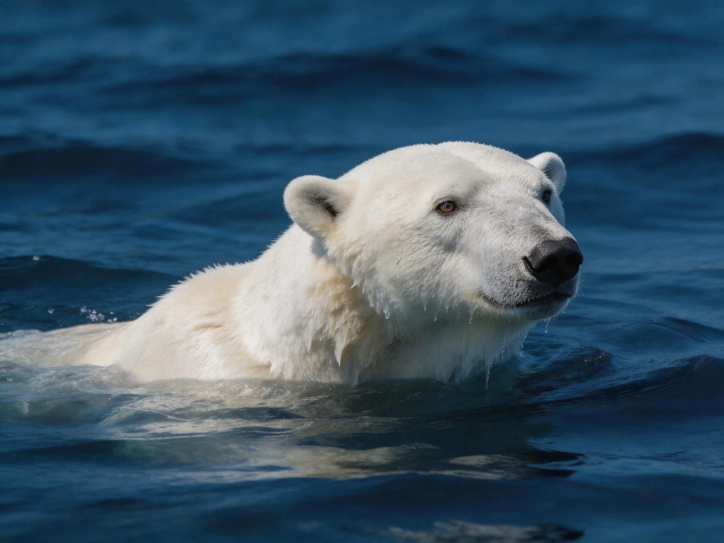 A polar bear swims through deep blue ocean water.
