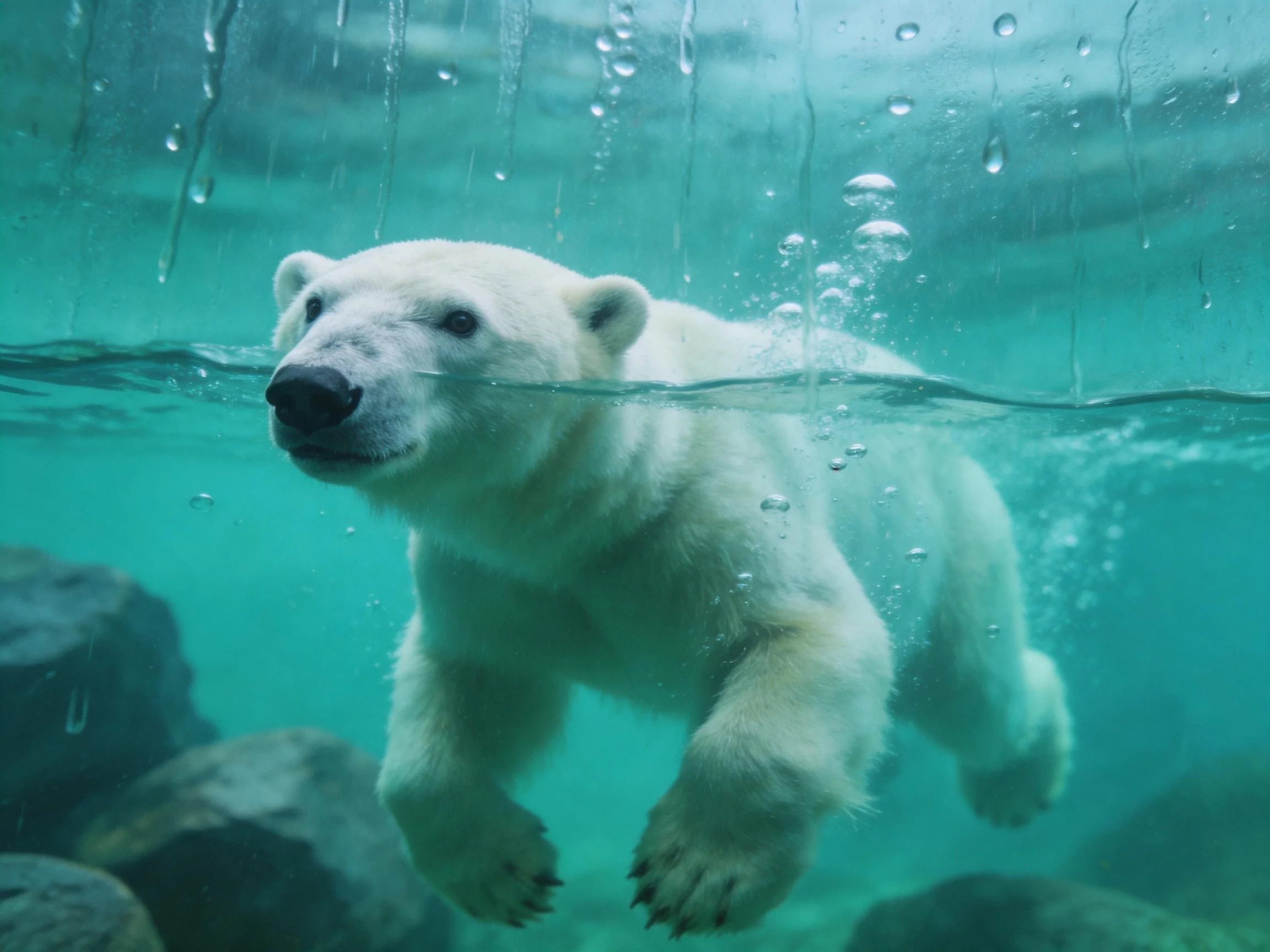 A polar bear swims underwater near rocks in clear turquoise water.