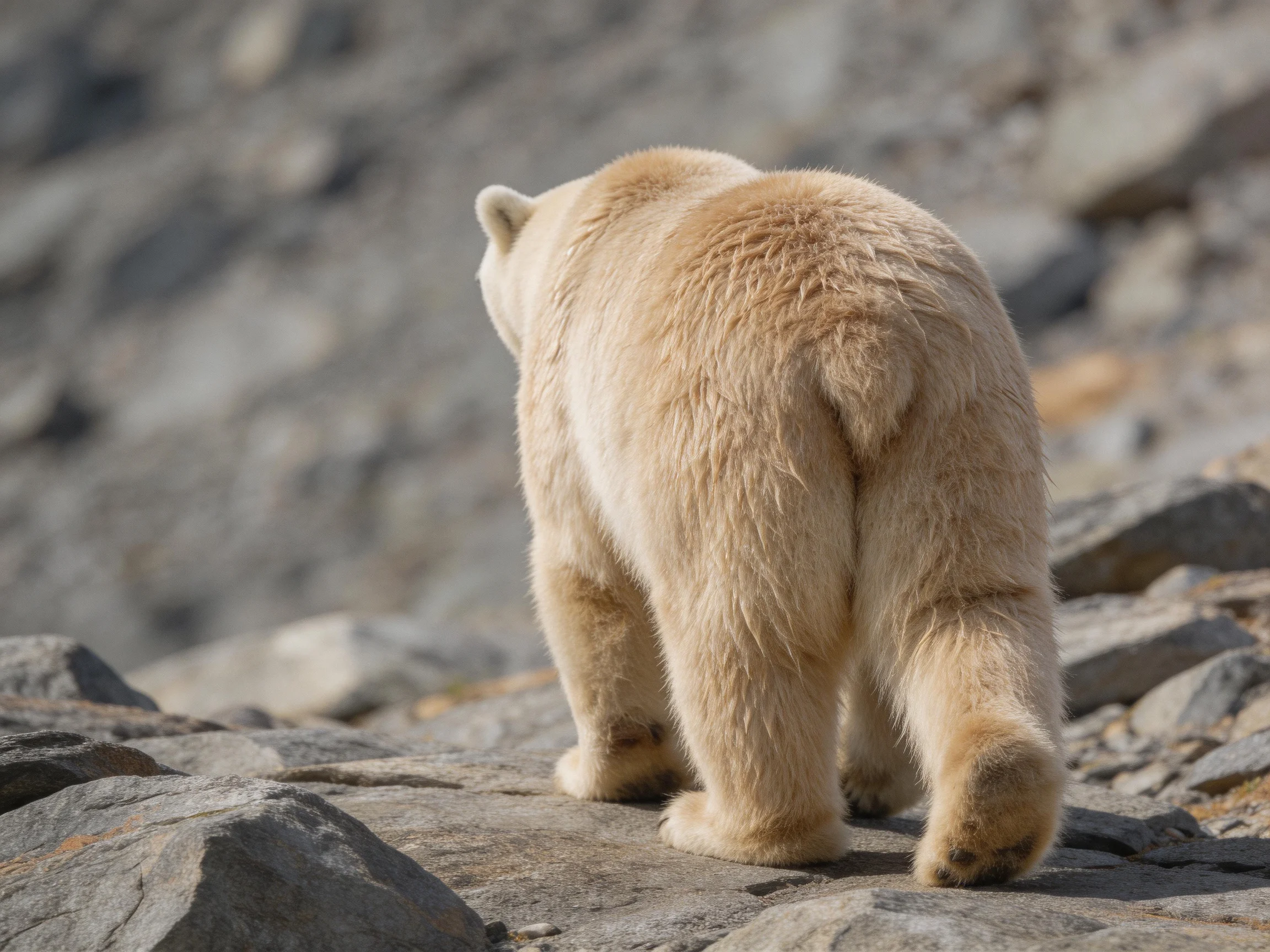 A polar bear with creamy fur explores rocky mountainous terrain