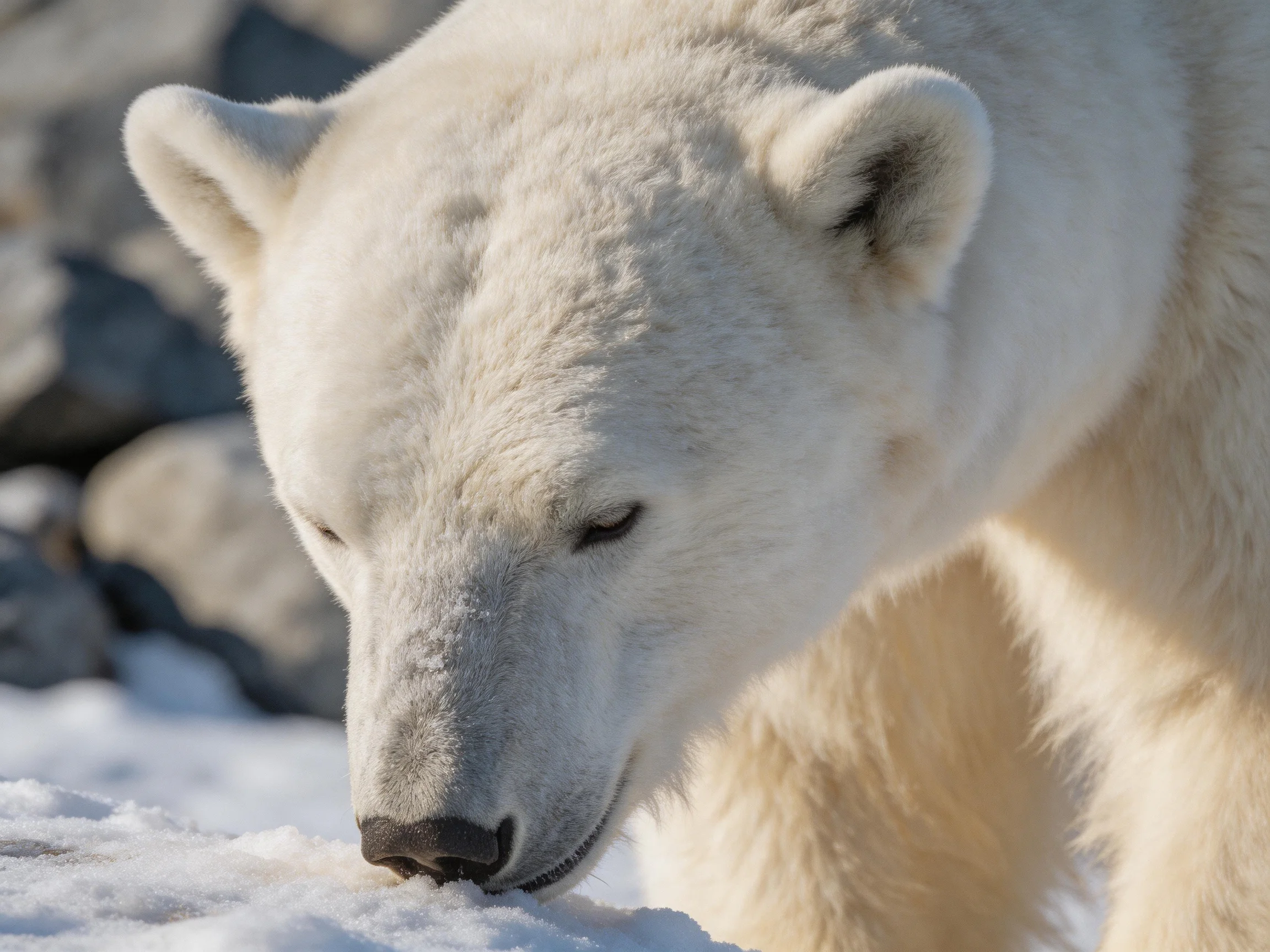 A polar bear with thick white fur near snow-covered rocks
