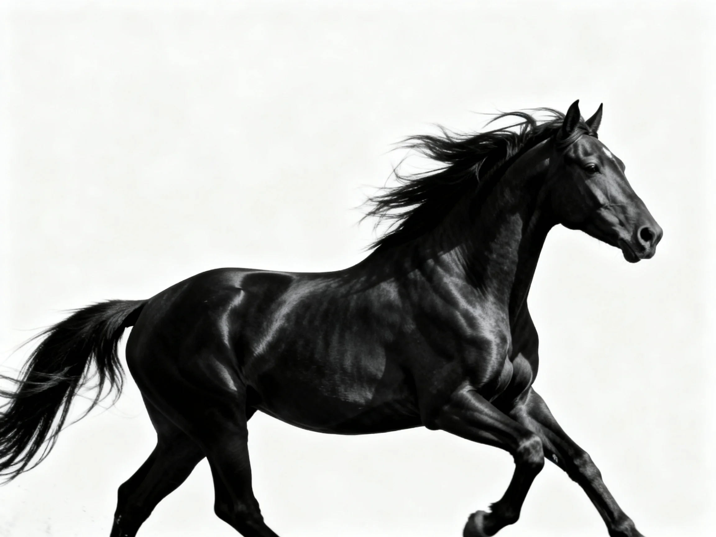 A powerful black stallion galloping against stark white