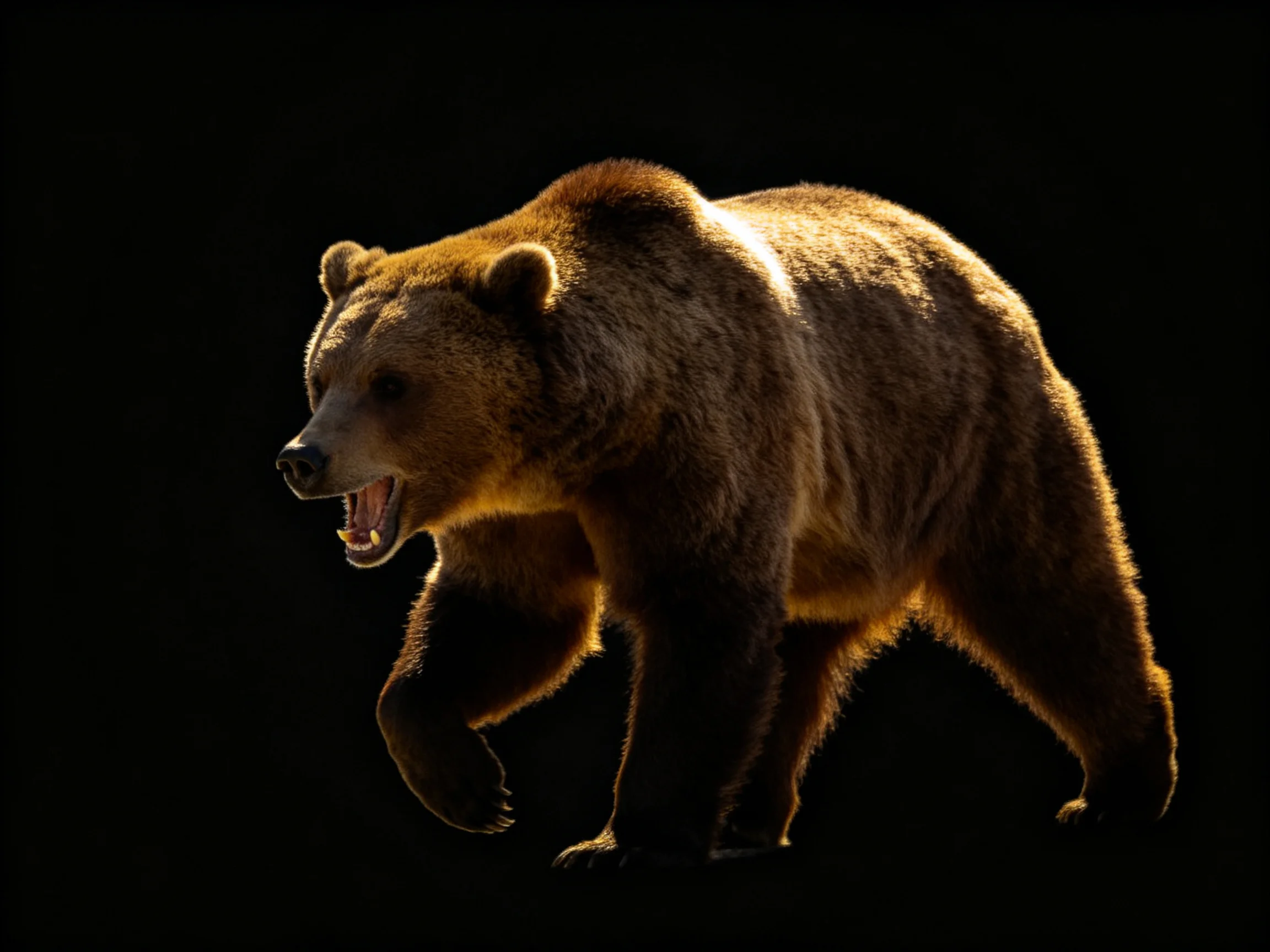 A powerful brown grizzly bear walking with an open mouth