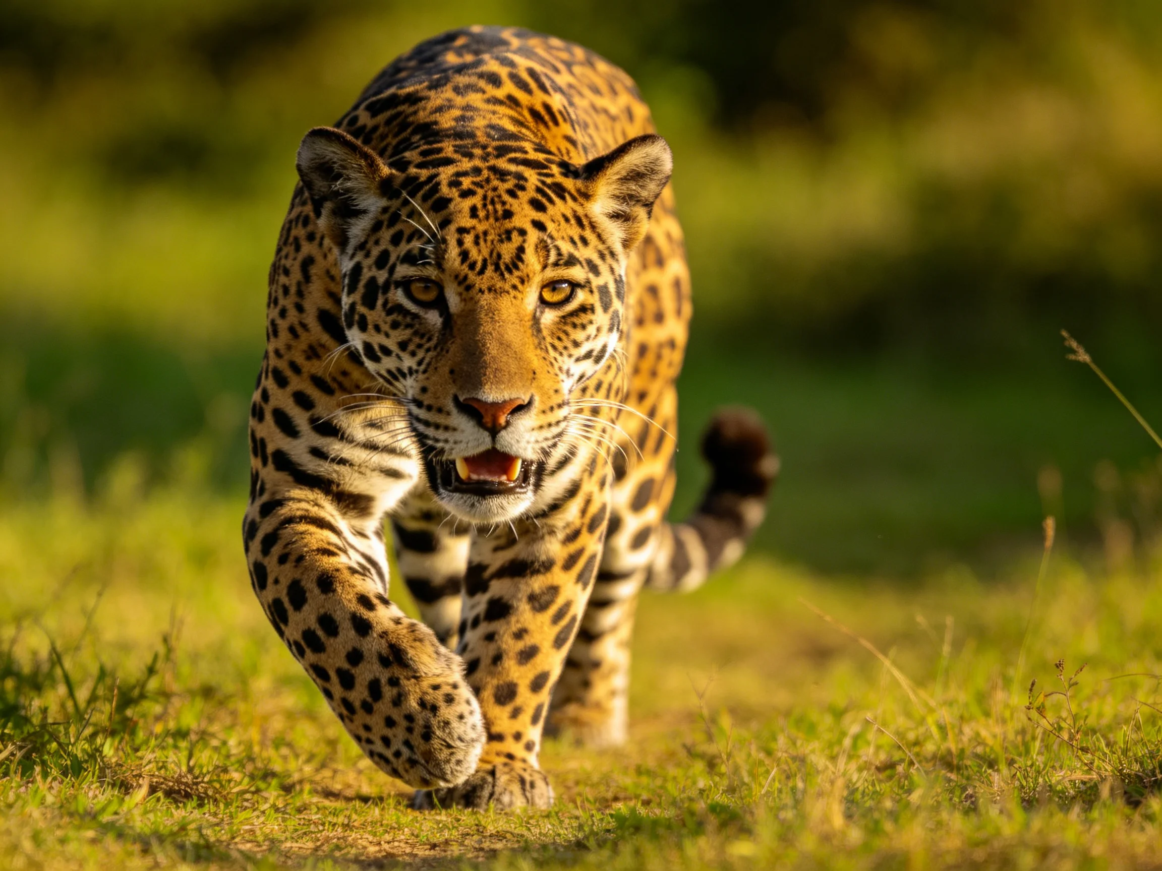 A powerful jaguar strides forward with golden-spotted coat on green terrain
