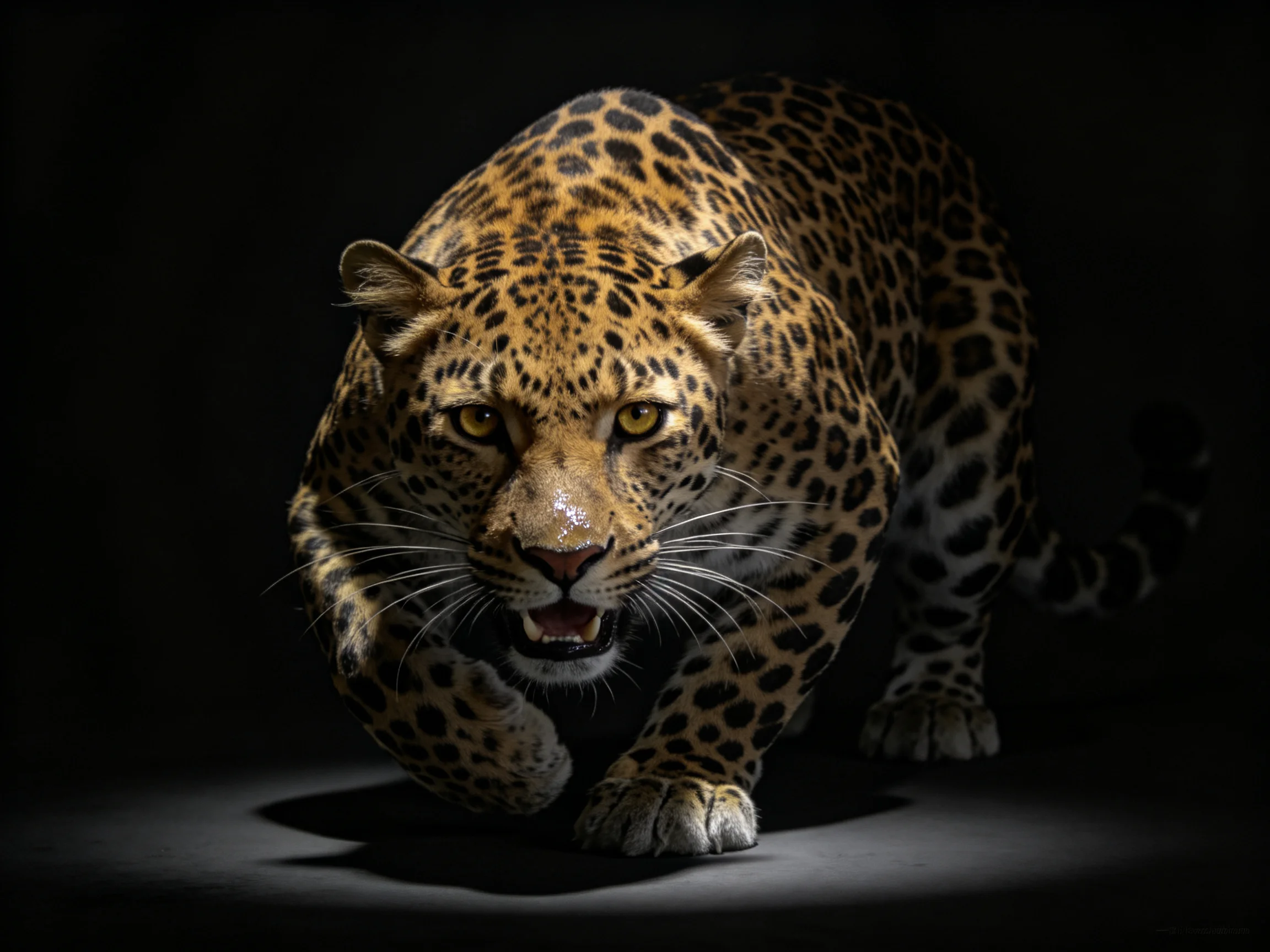 A powerful leopard with golden-spotted fur moves through dramatic darkness