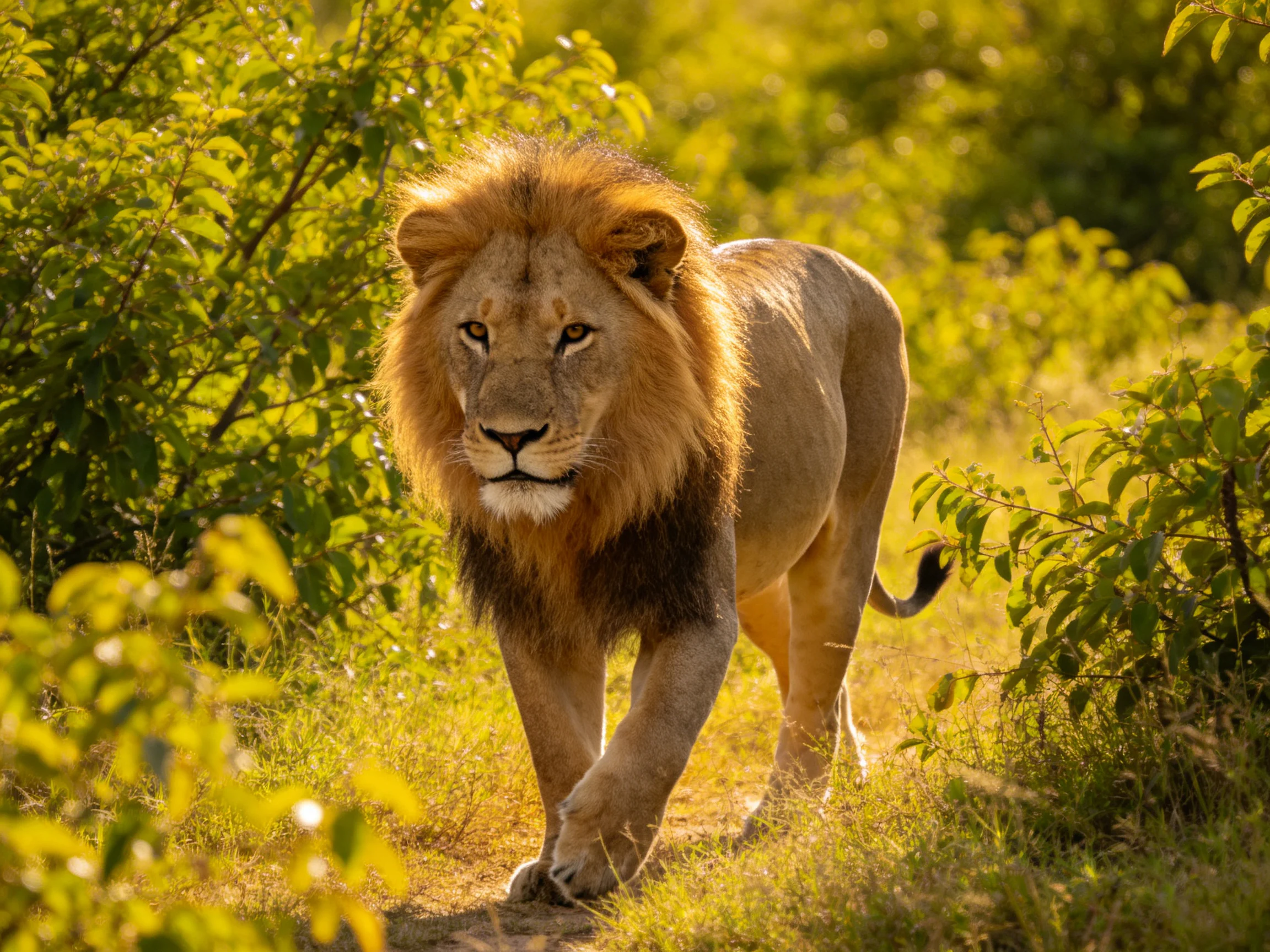 A powerful lion roams through verdant foliage bathed in golden light