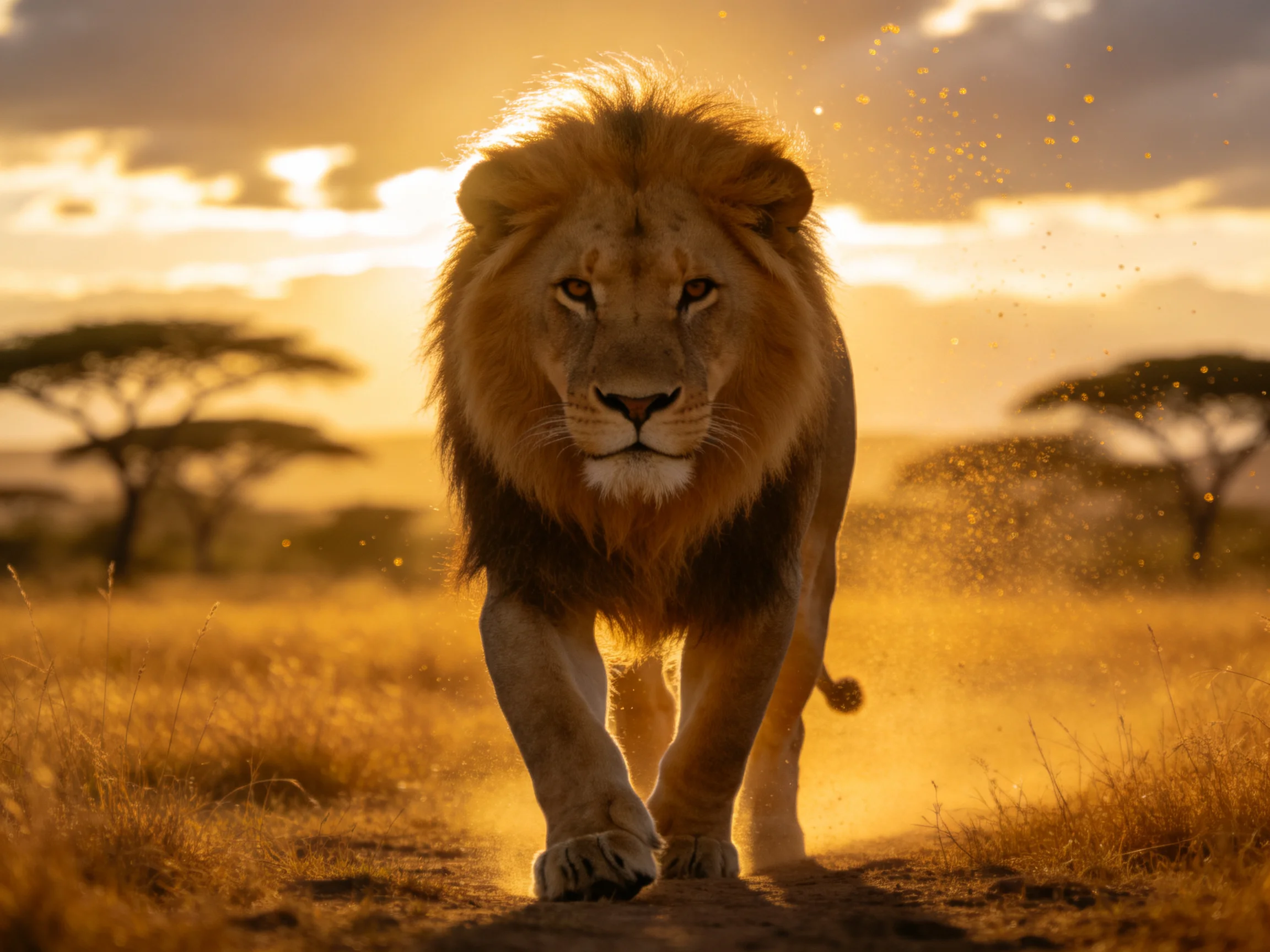 A powerful male lion roams golden savannah at sunset