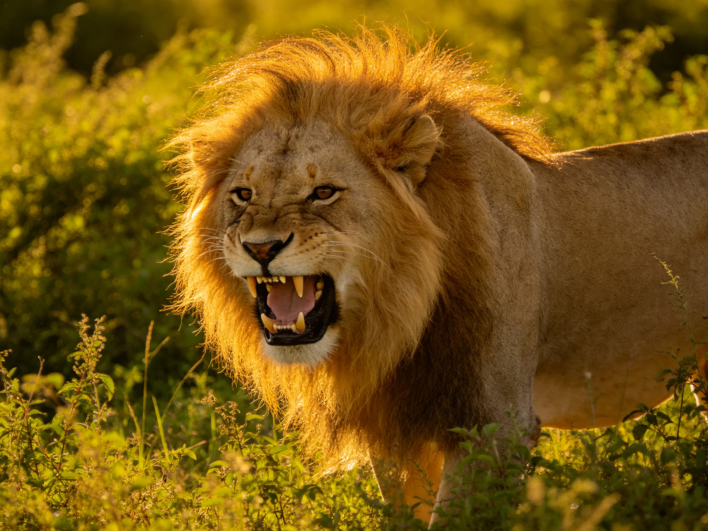 A powerful male lion roars among vibrant golden savannah plants