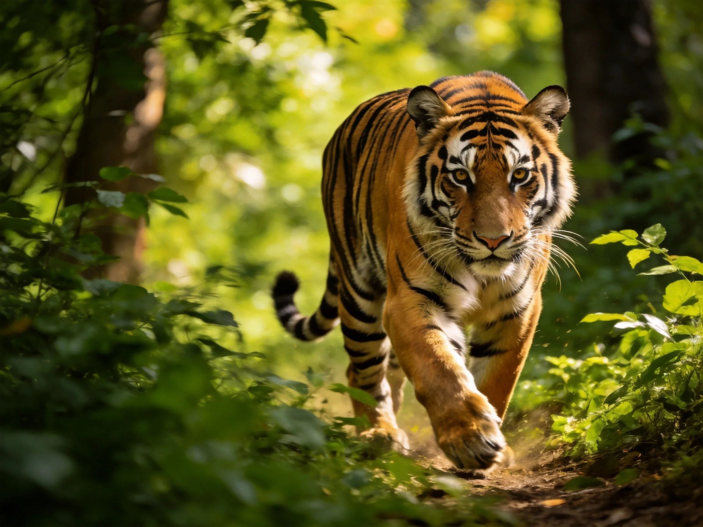 A powerful orange tiger roams a sunlit forest path