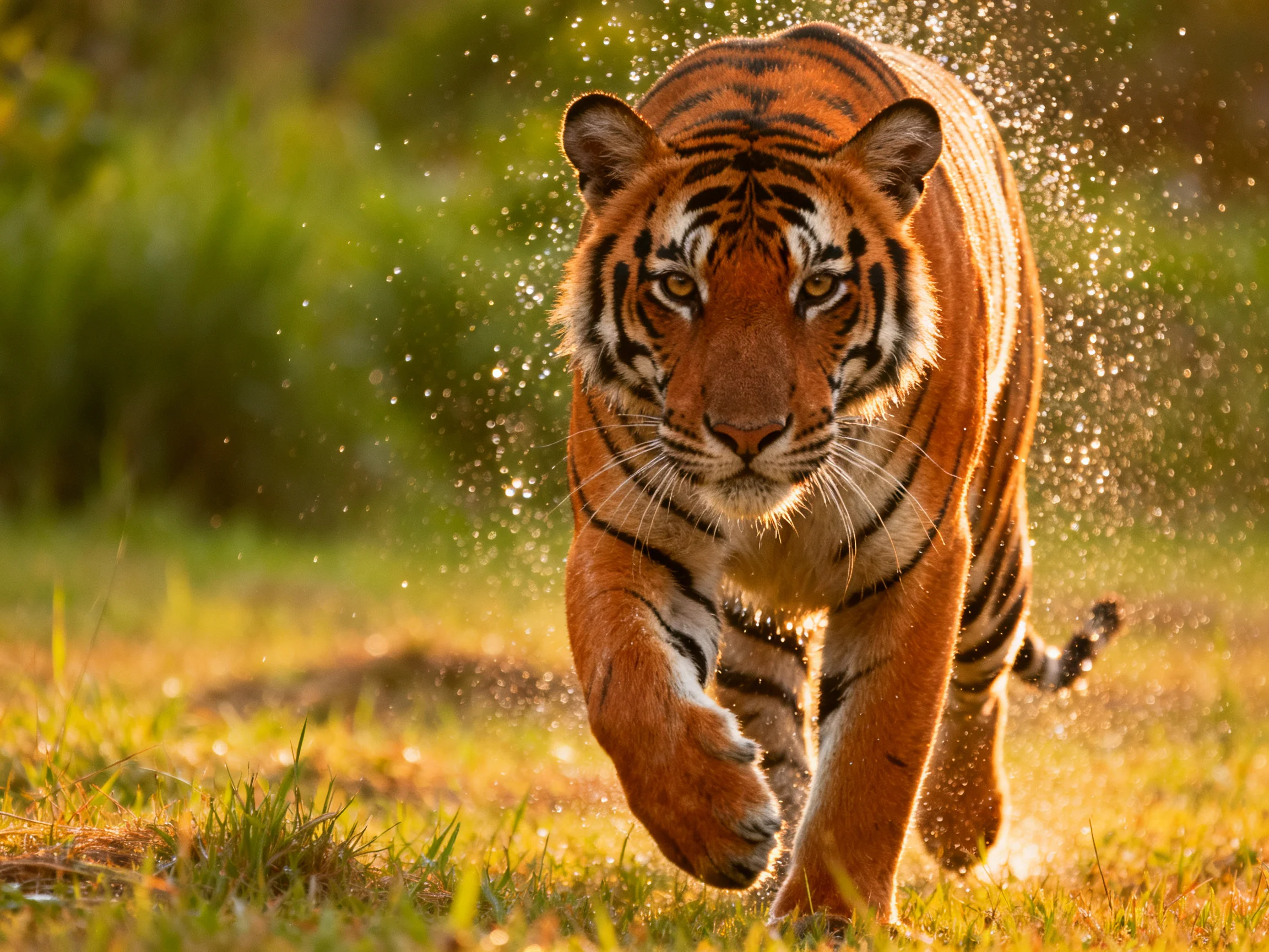 A powerful orange tiger strides through sunlit grass with sparkling water droplets
