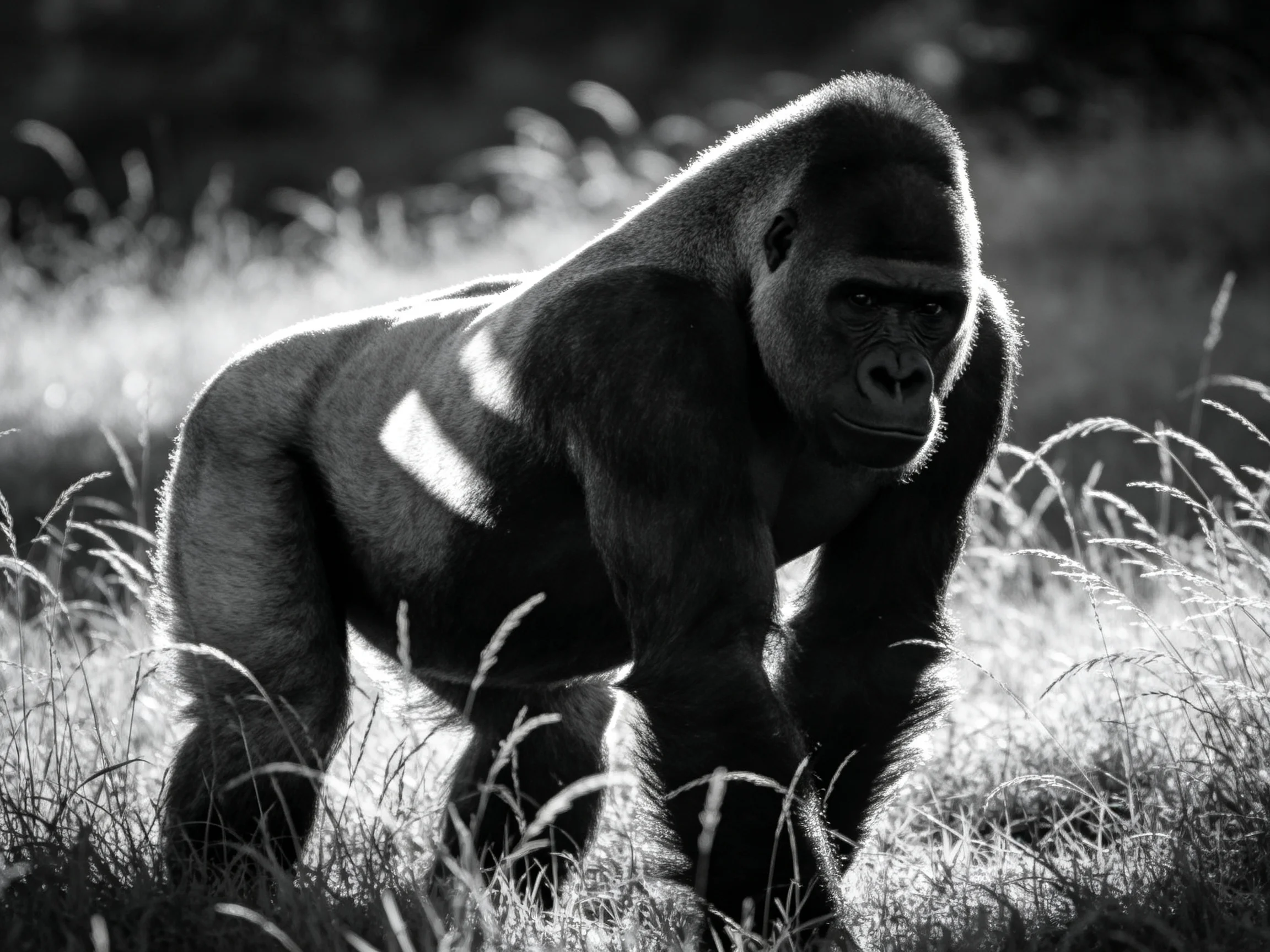 A silverback gorilla moves through tall grass in a monochrome photograph.