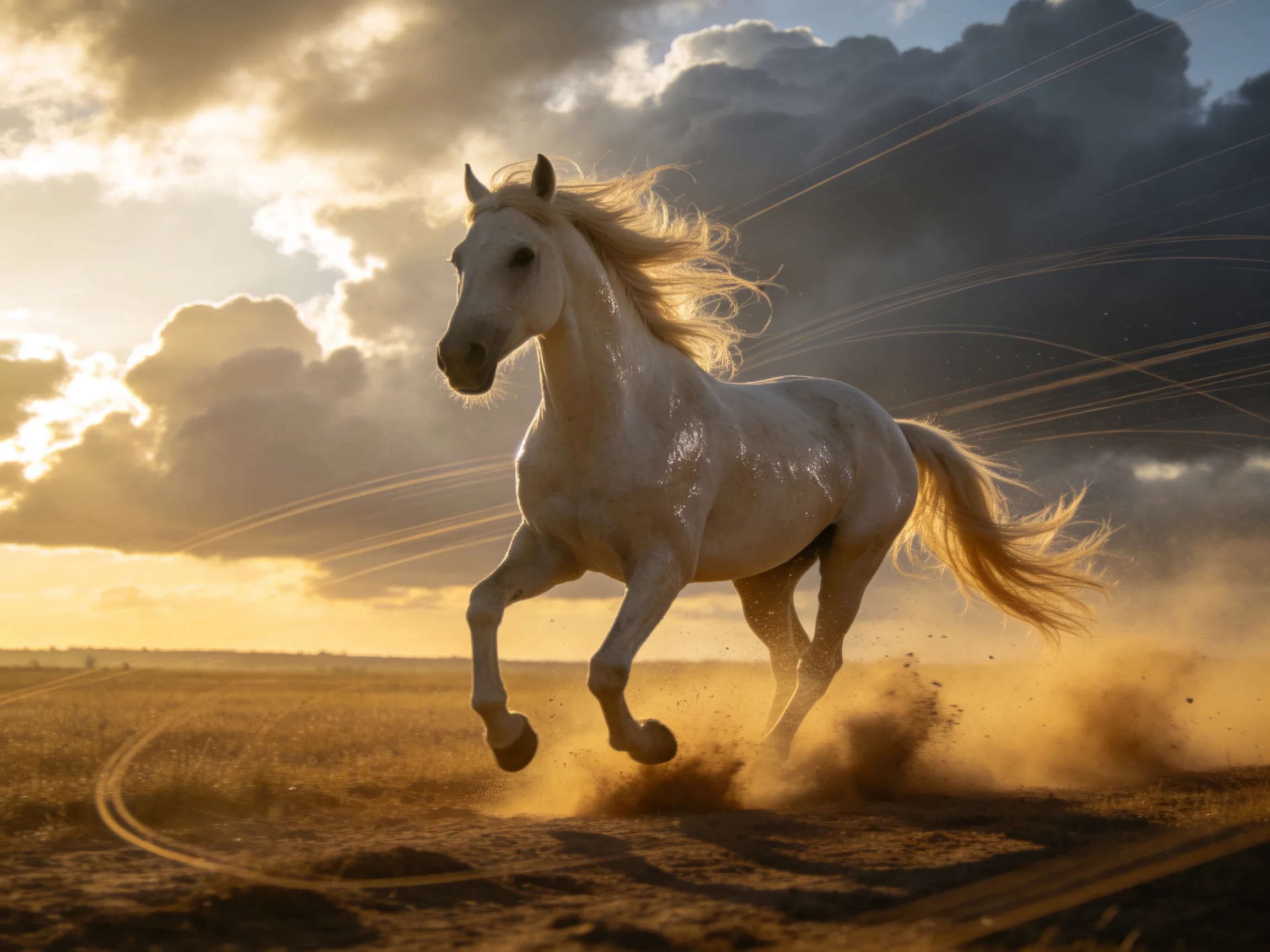 A white horse gallops through dusty terrain under a dramatic sunset.