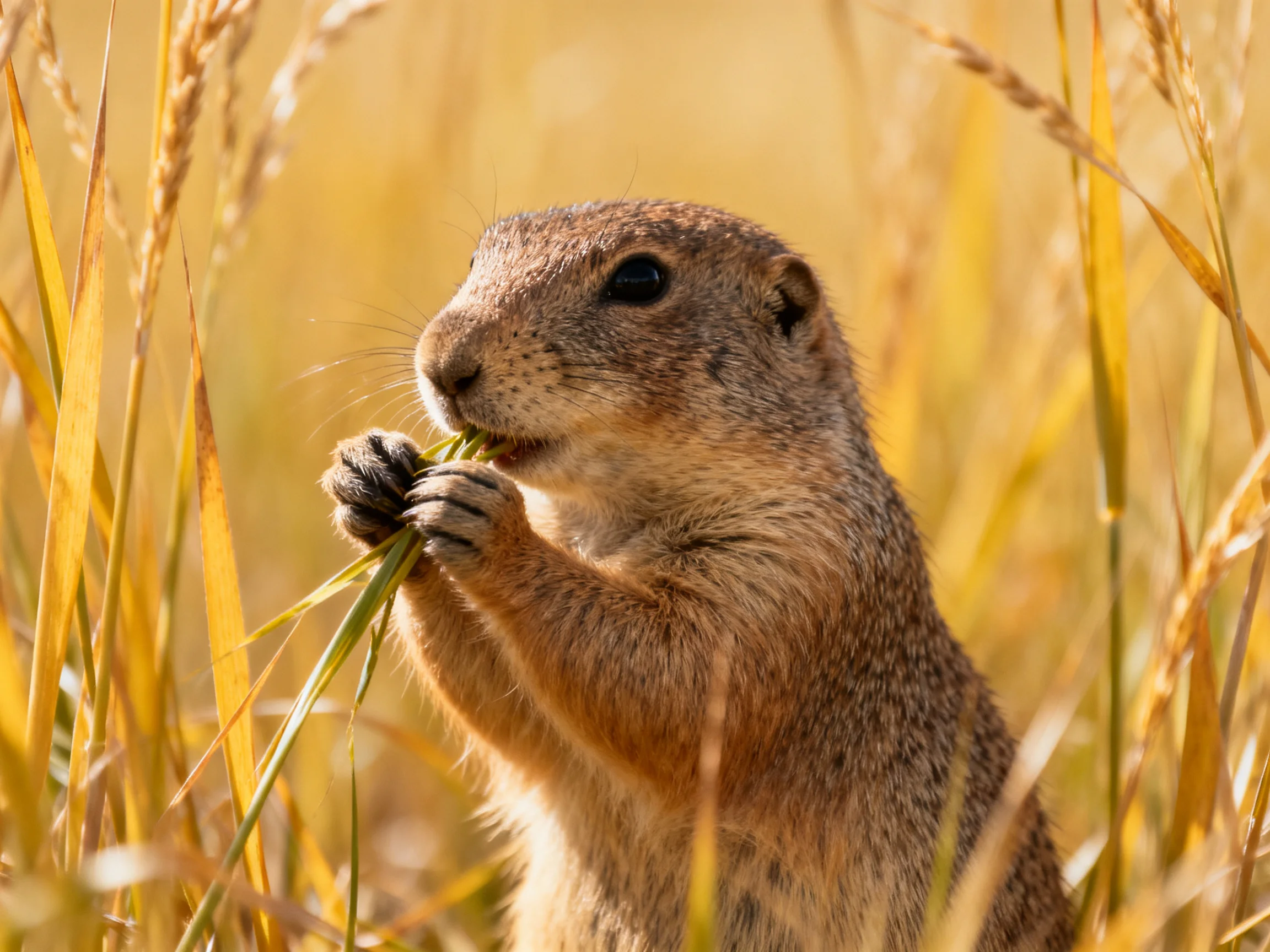 A prairie dog eats grass surrounded by tall golden vegetation.