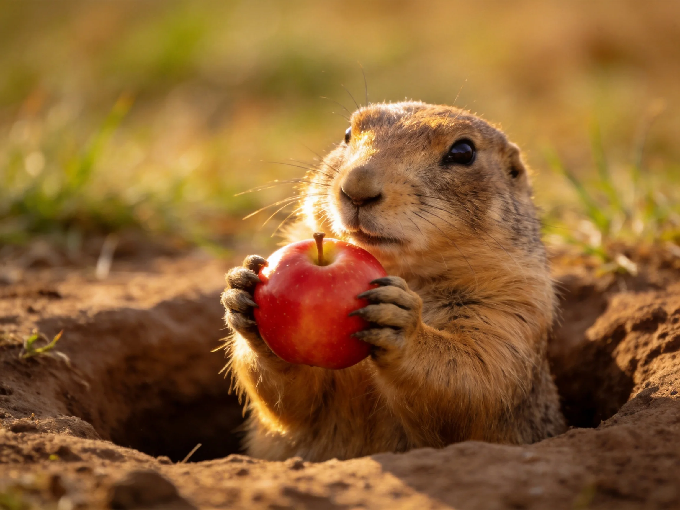 A prairie dog holding a bright red apple from its burrow