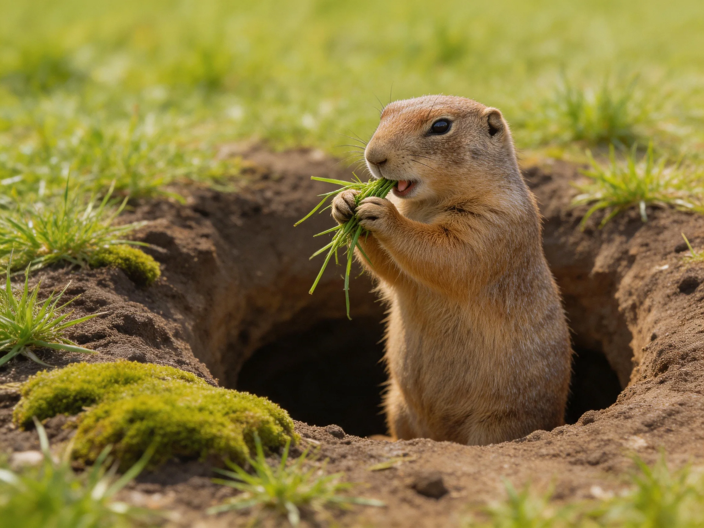 A prairie dog holds grass near an earthy burrow in a grassy field