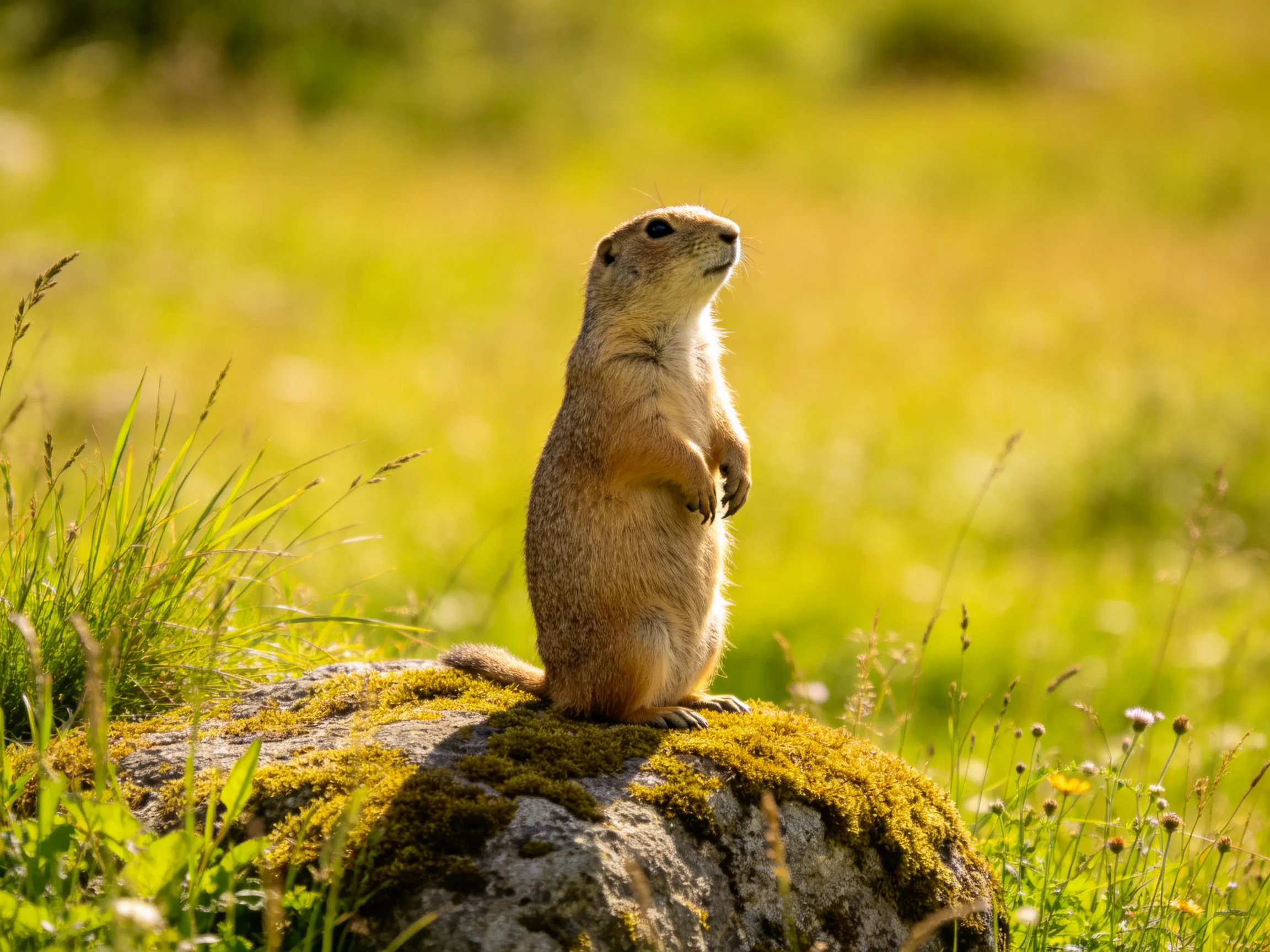 A prairie dog stands on a mossy rock in a sunlit meadow