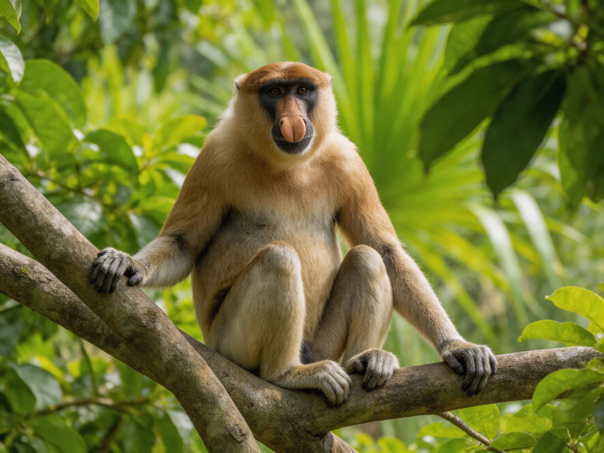 A proboscis monkey with tan fur sits on a tree branch amid lush green foliage.